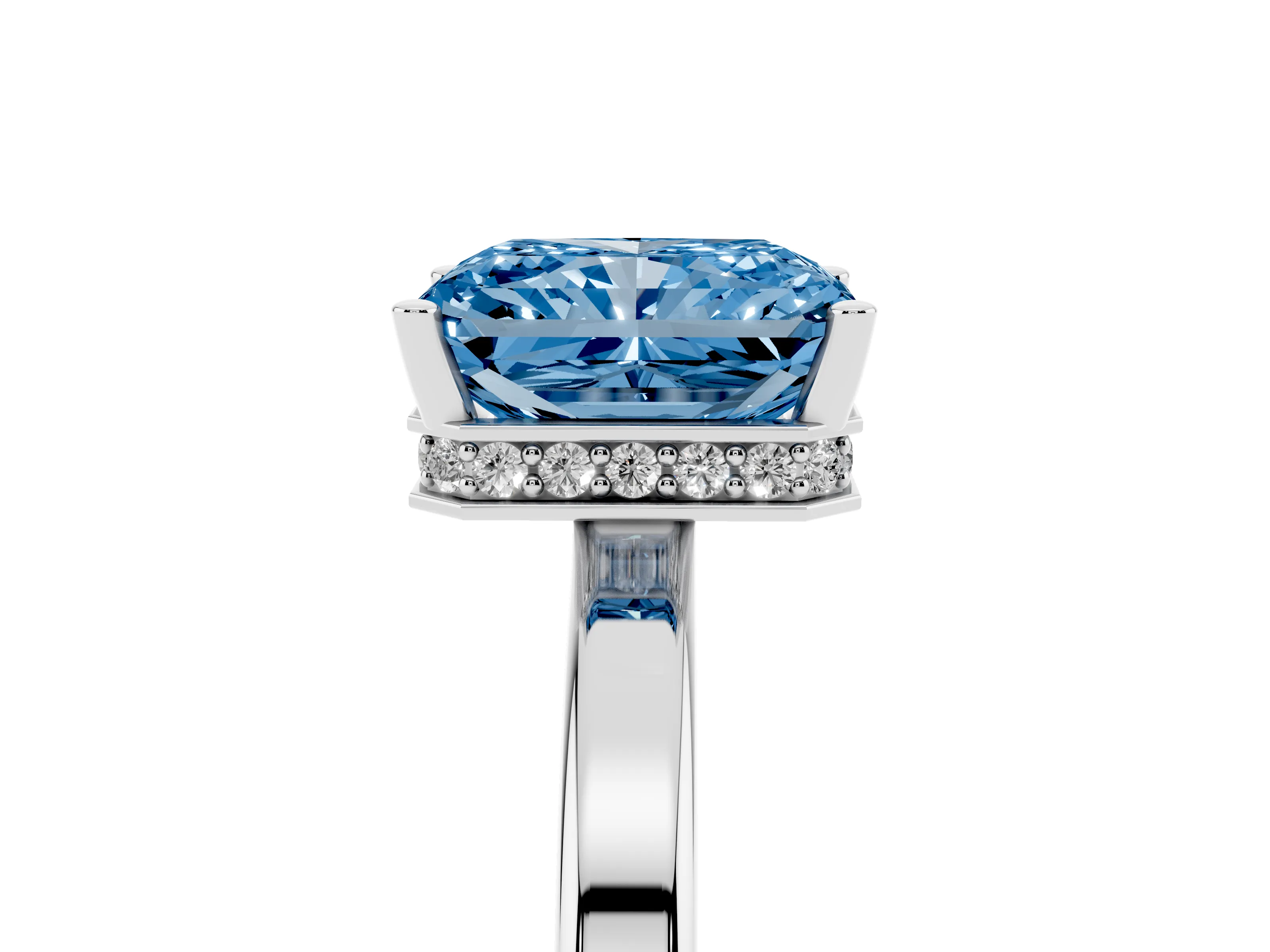 Fancy Blue Radiant Cut Diamond Solitaire Engagement Ring Set in Silver with Prong Setting on a Plain Band