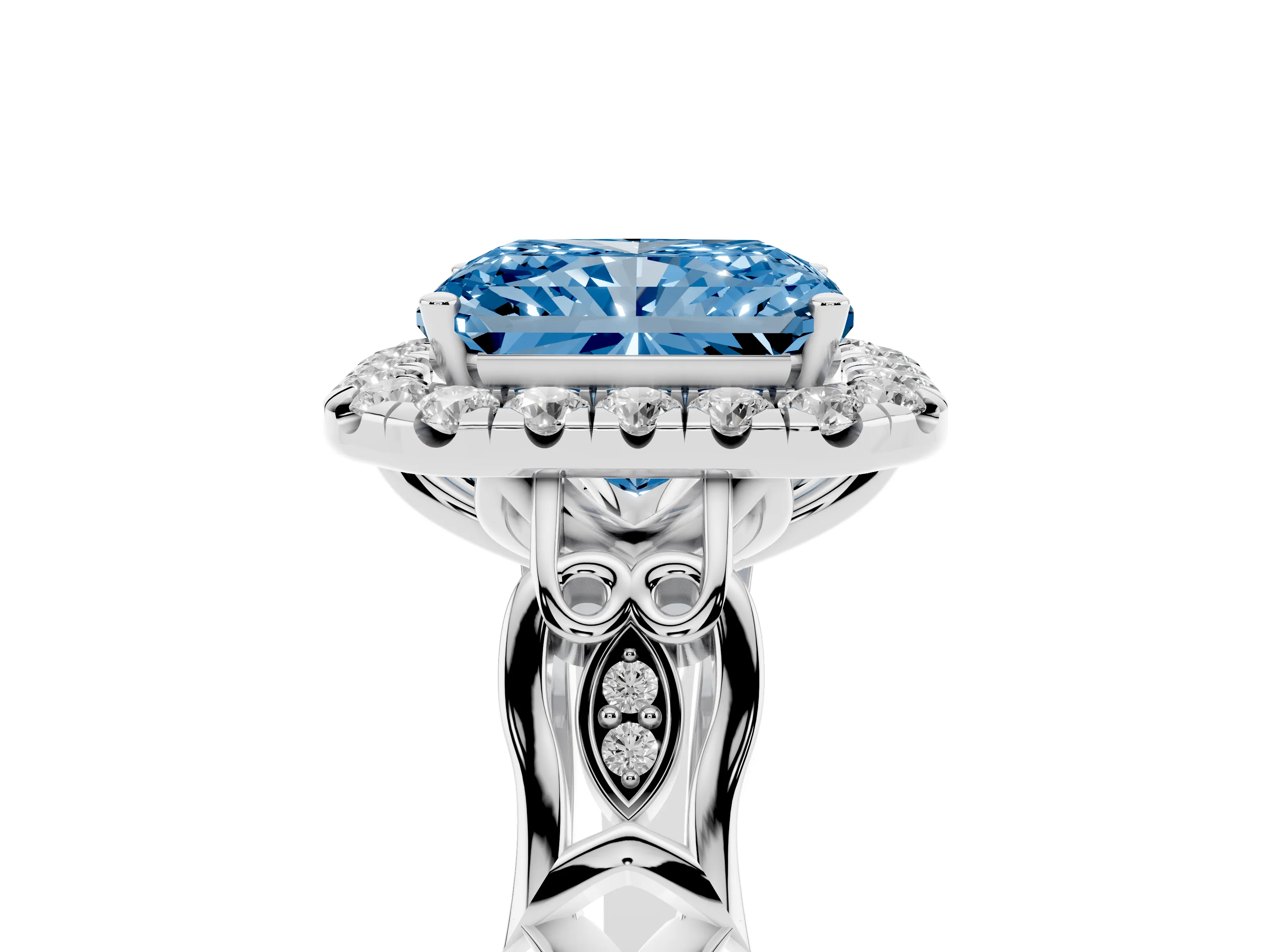 Fancy Blue Radiant Cut Diamond Halo Engagement Ring Set in White gold with Filigree Band and Prong-Set Center