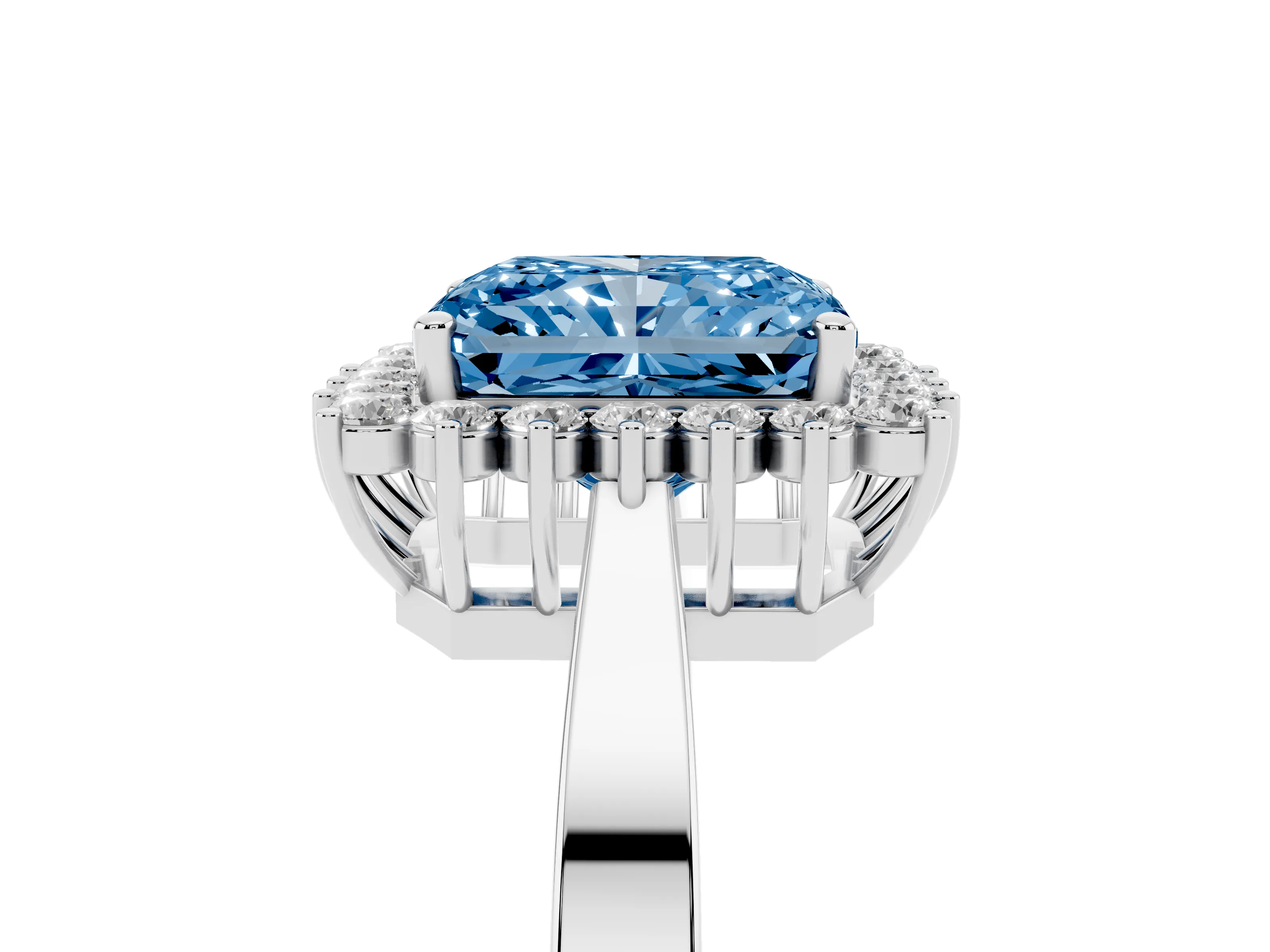 Fancy Blue Radiant Cut Diamond Halo Ring Set in White gold with Round Halo and Smooth Solitaire Band