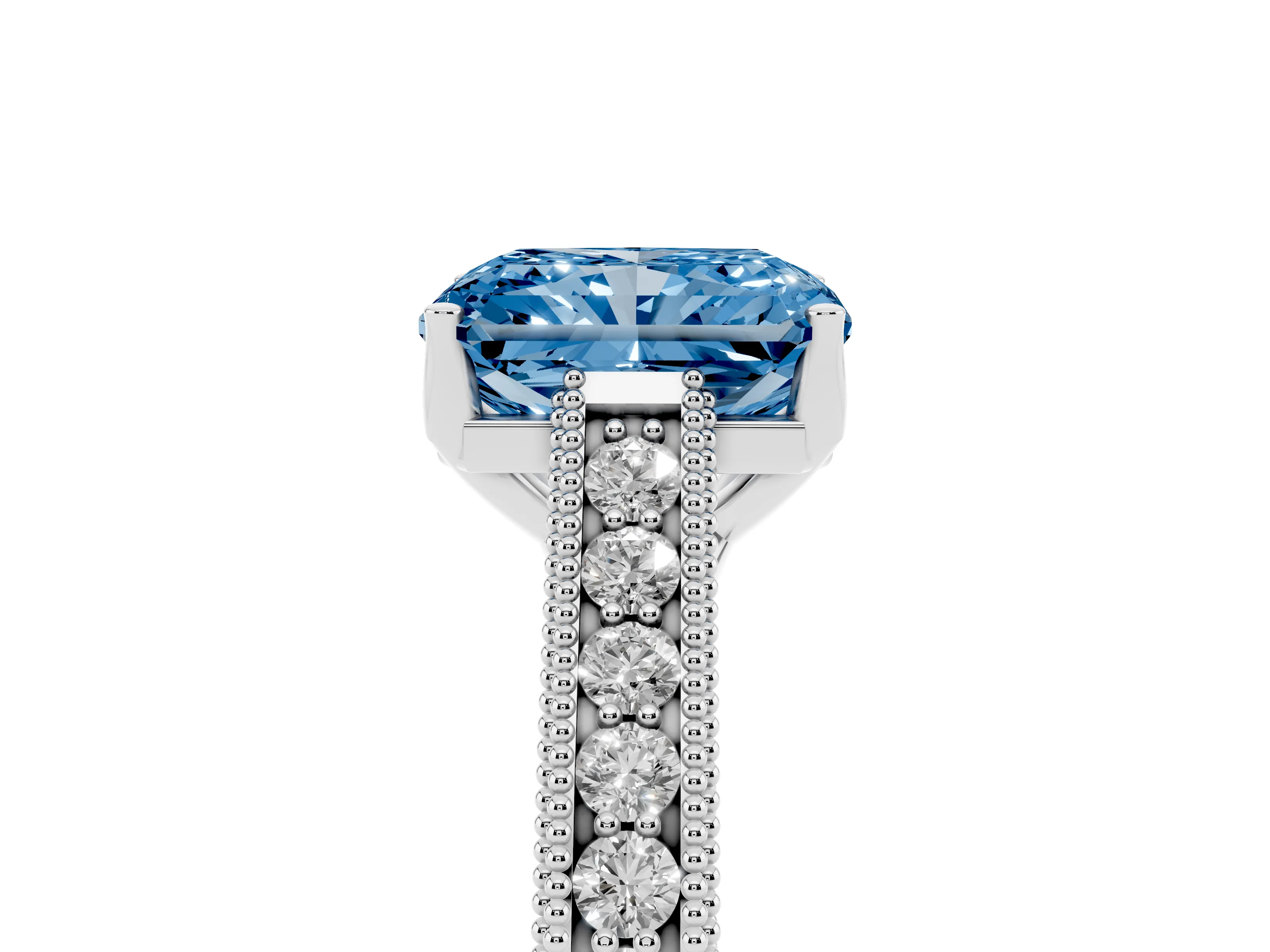 Fancy Blue Radiant Cut Diamond Milgrain Pavé Band Solitaire Ring Set in Silver with Prong Setting