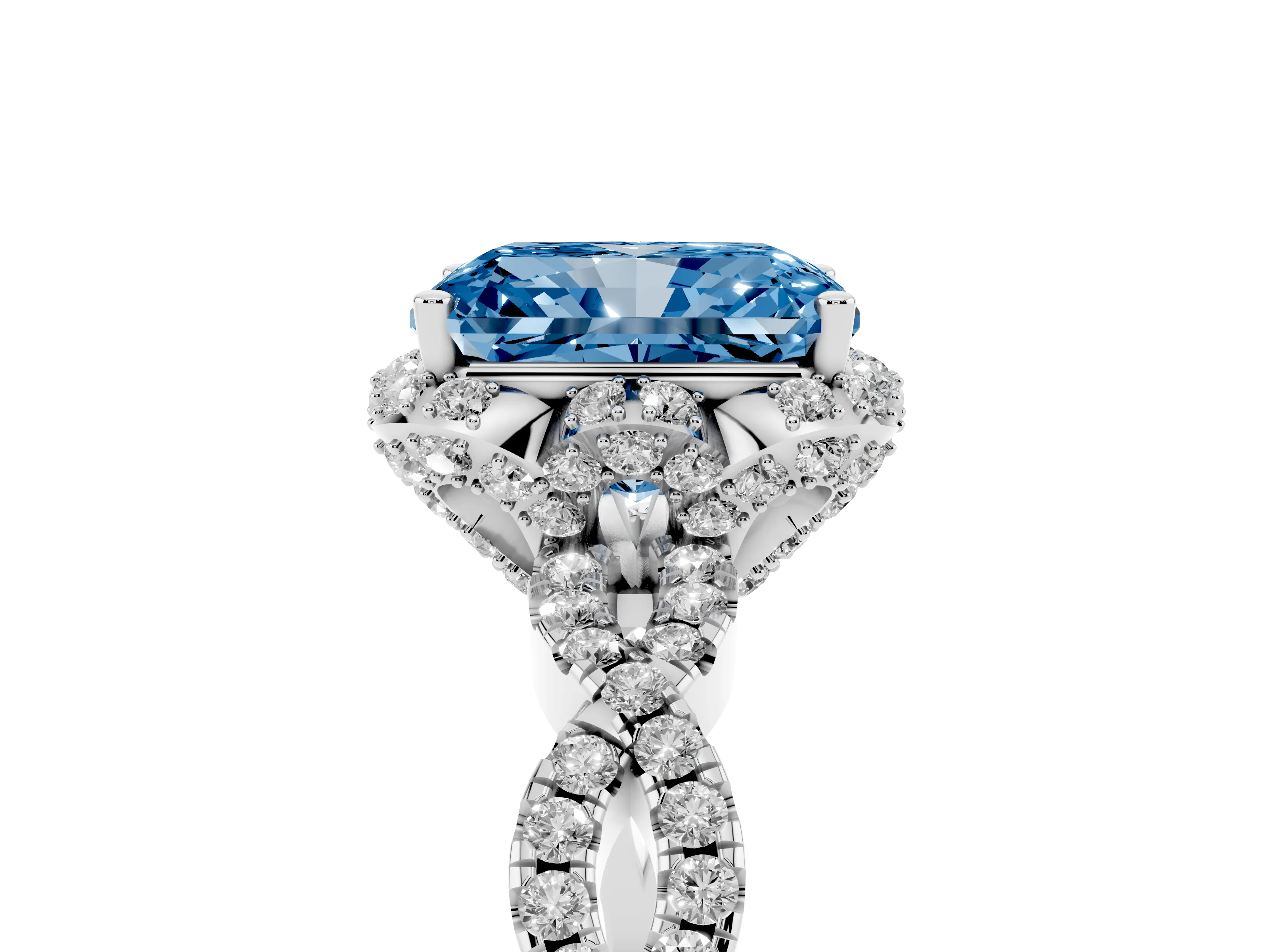 Fancy Blue Radiant Cut Diamond Halo Twist Band Solitaire Ring Set in Platinum with Prong-Set Center Stone