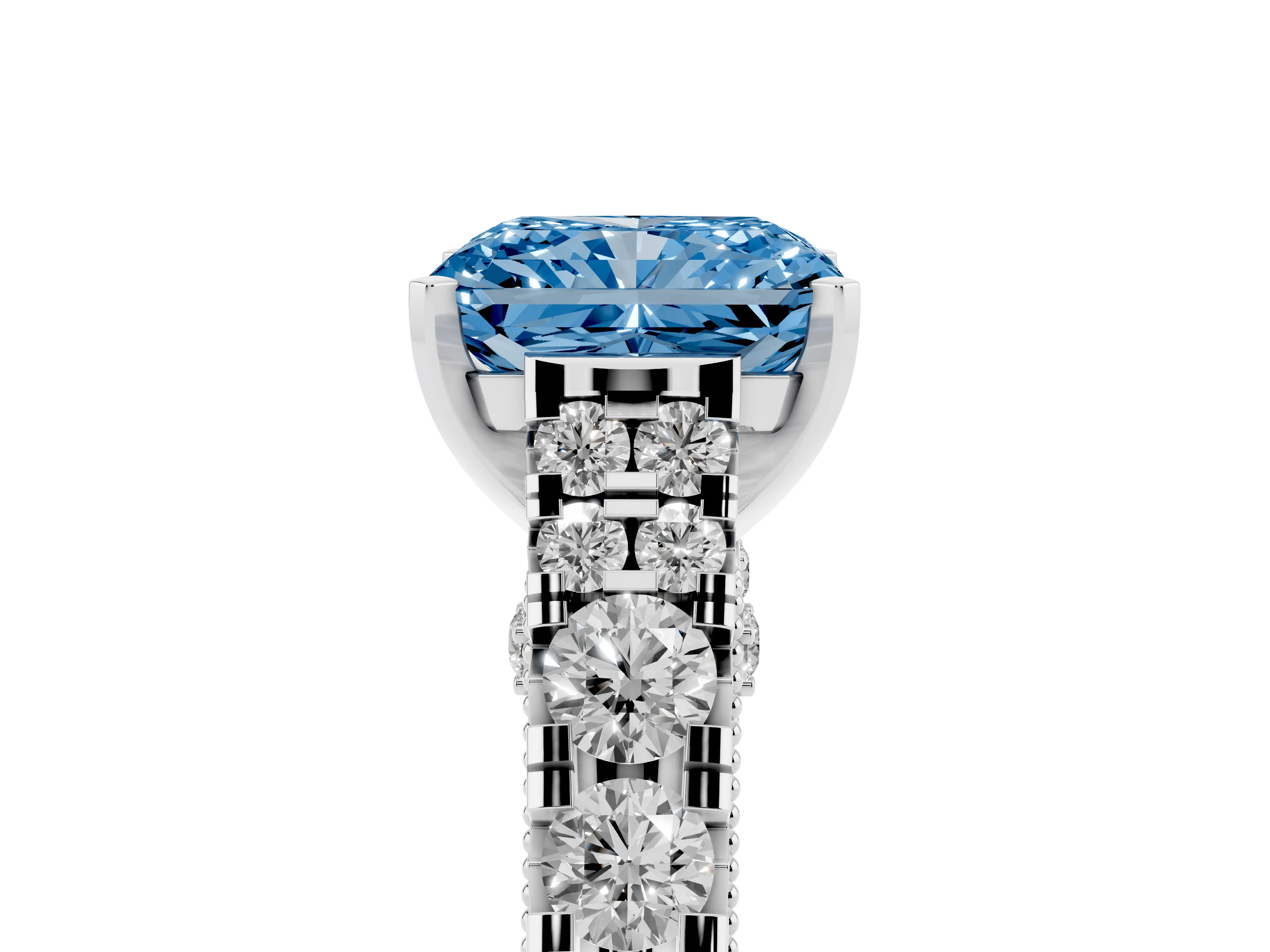 Fancy Blue Radiant Cut Diamond Classic Solitaire Ring Set in White gold with Pavé Band and Prong Setting