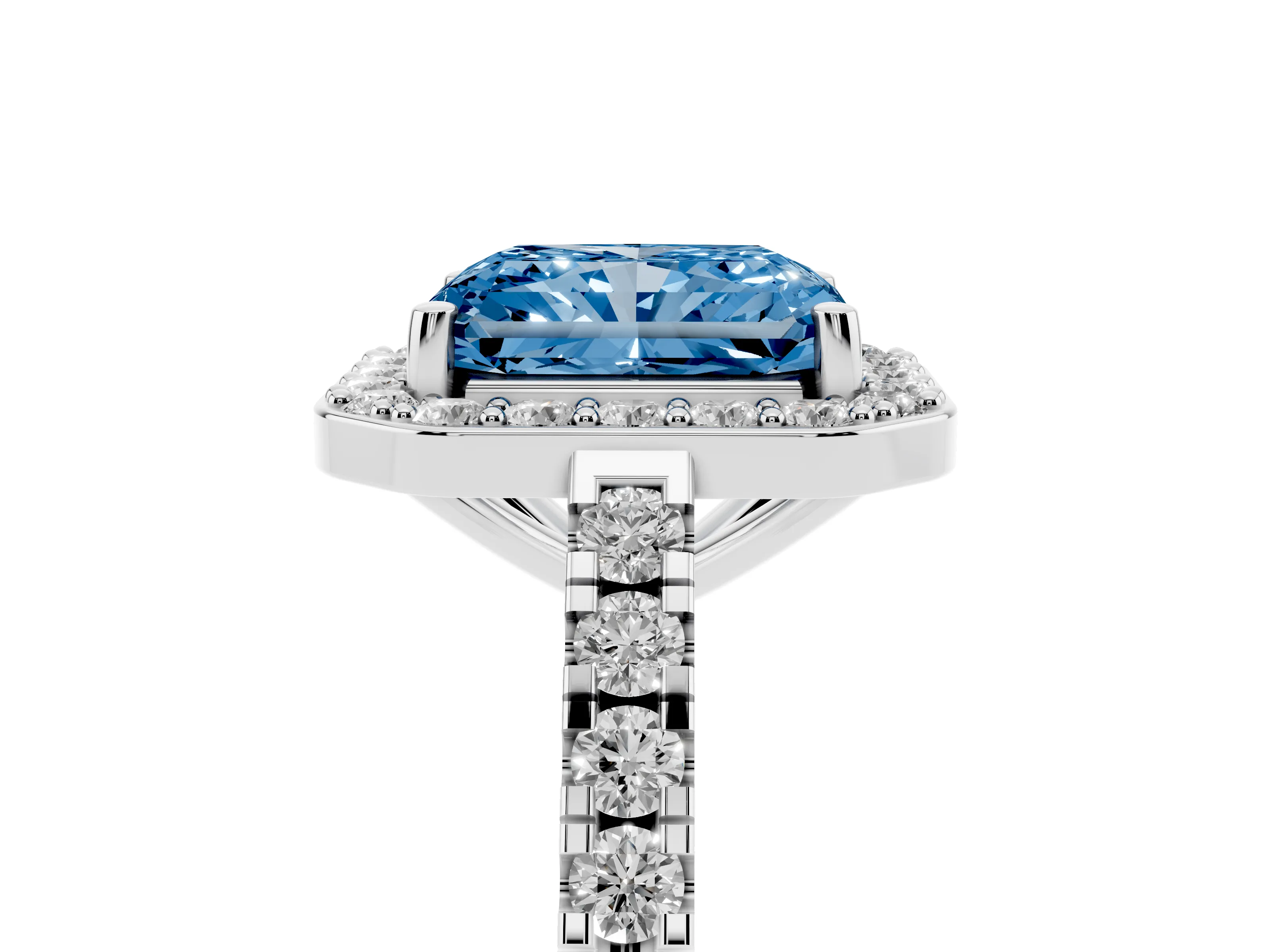 Fancy Blue Radiant Cut Diamond Halo Ring Set in Platinum with Round Pavé Split Shank and Prong Setting