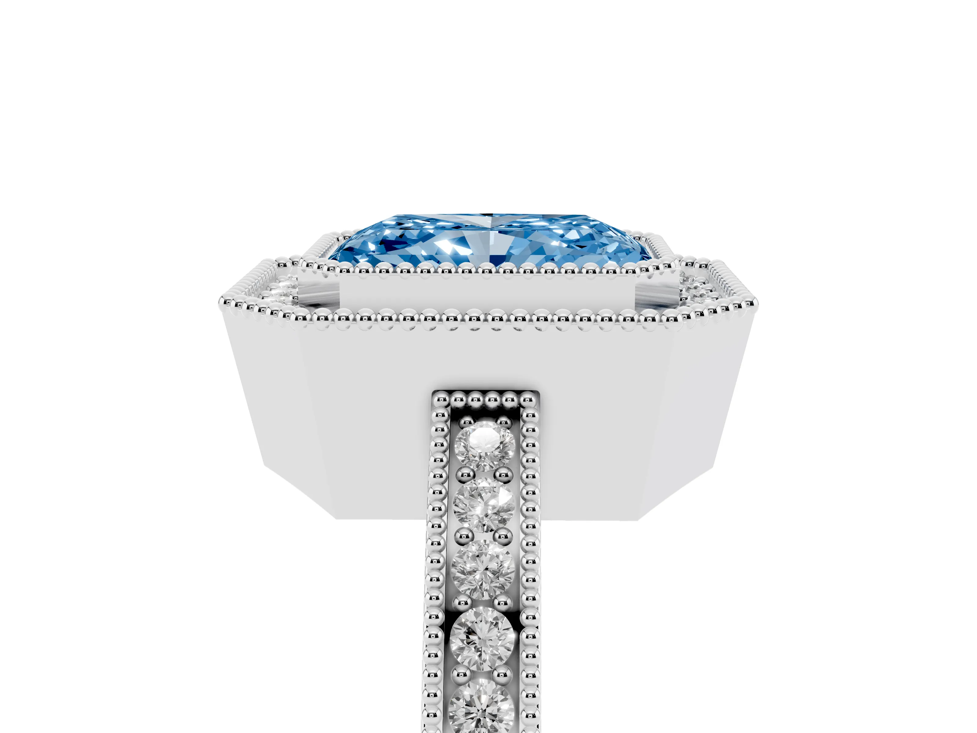 Fancy Blue Radiant Cut Diamond Halo Ring Set in White gold with Pavé Band and Milgrain-Edged Prongs