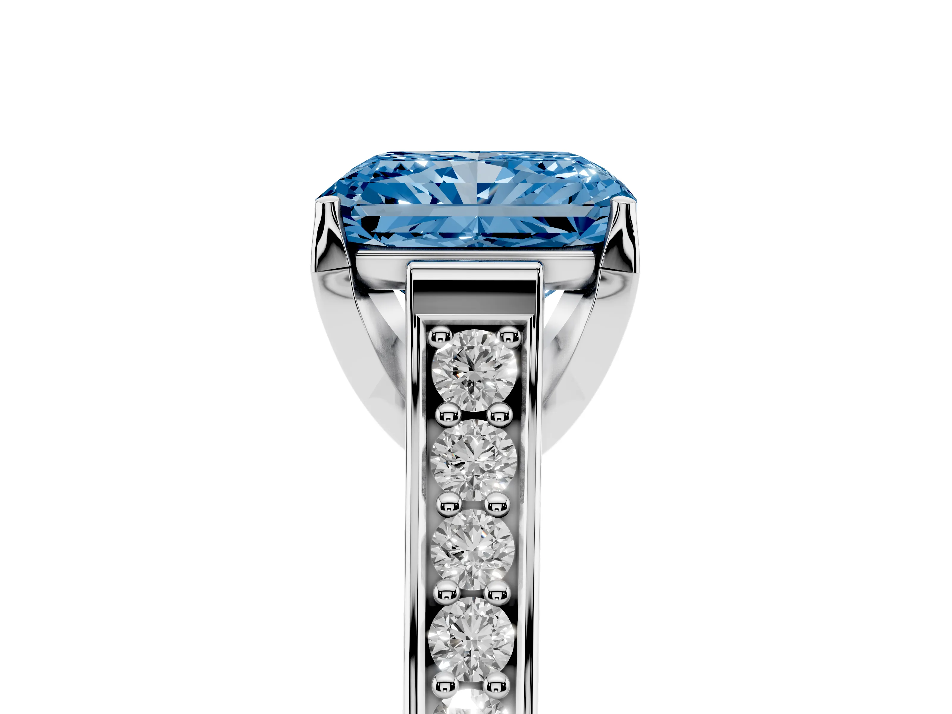 Fancy Blue Radiant Cut Diamond Solitaire Pavé Engagement Ring Set in Platinum with Prong Setting
