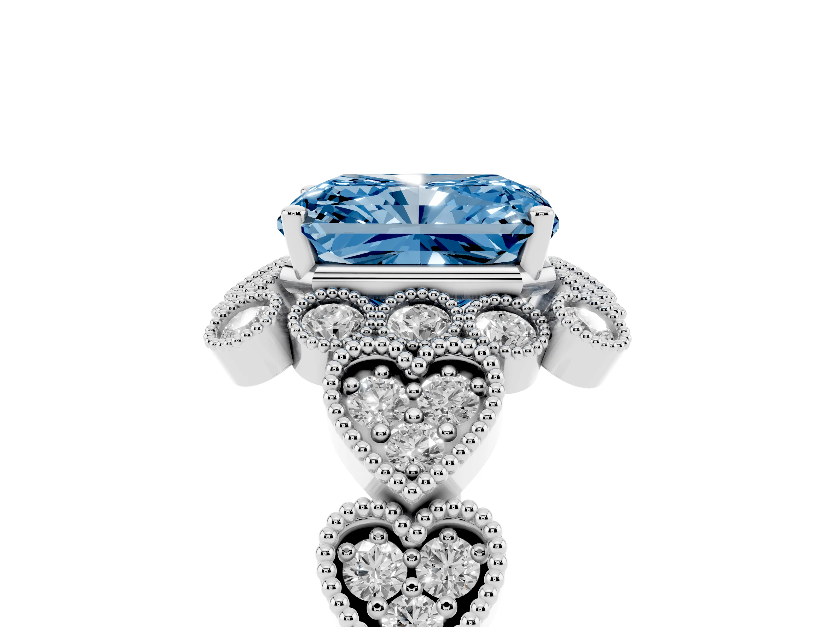 Fancy Blue Radiant Cut Diamond Solitaire Ring Set in Platinum with Milgrain Pavé Heart Band