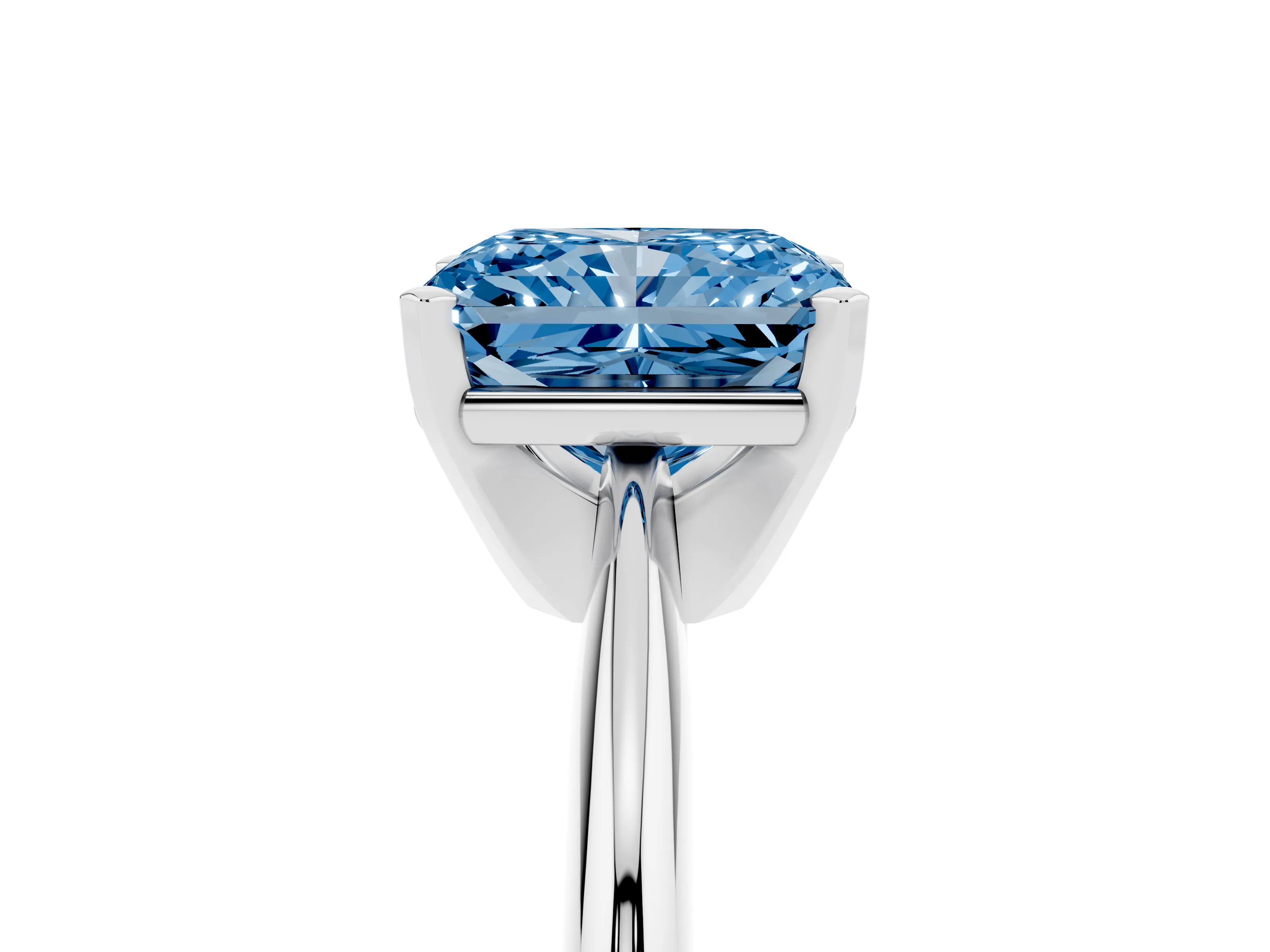 Fancy Blue Radiant Cut Diamond Solitaire Ring Set in Platinum with Prong Setting on a Plain Round Band