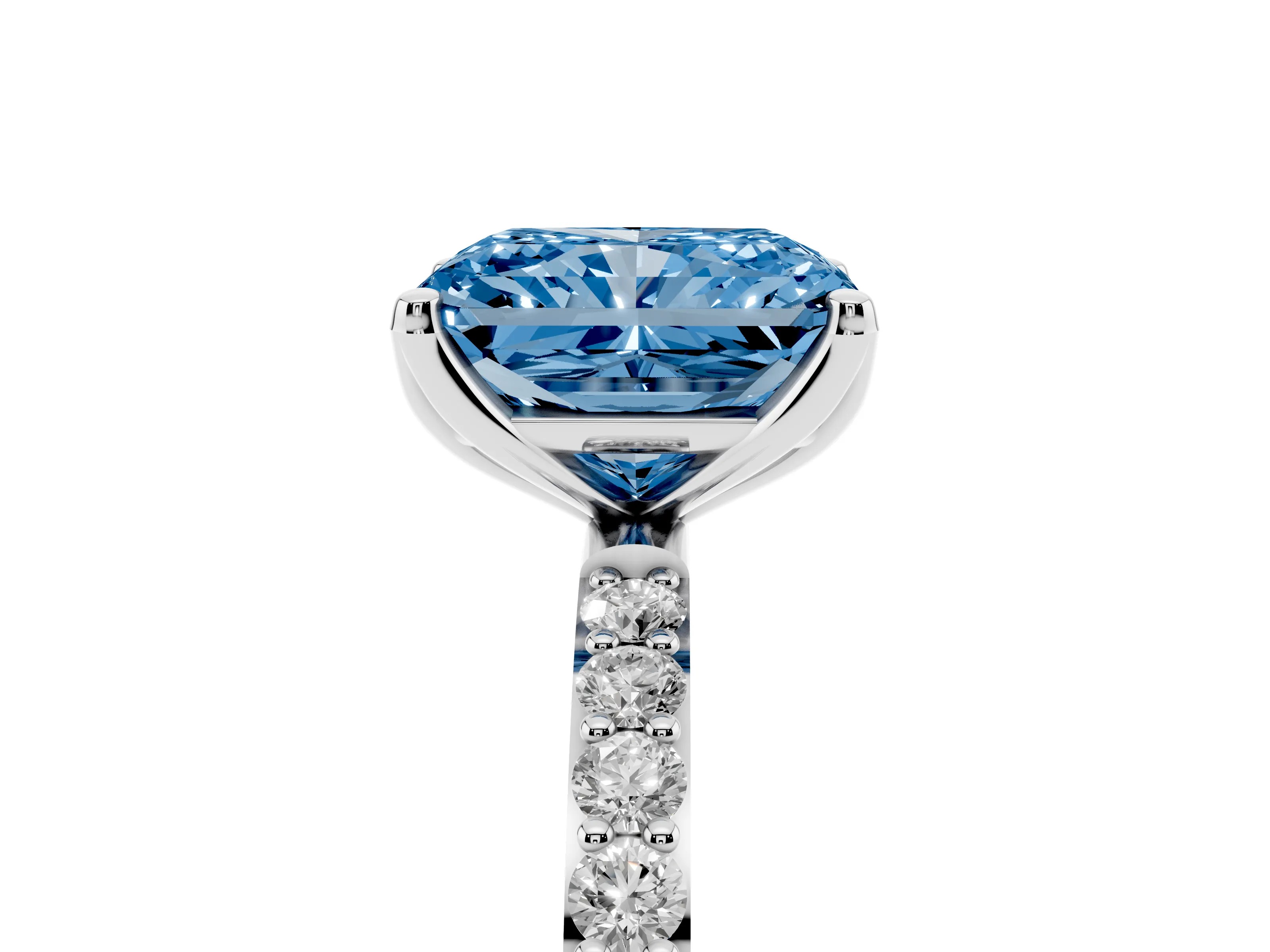 Fancy Blue Radiant Cut Diamond Solitaire Engagement Ring Set in White gold with Round Pavé Band and Prong Setting