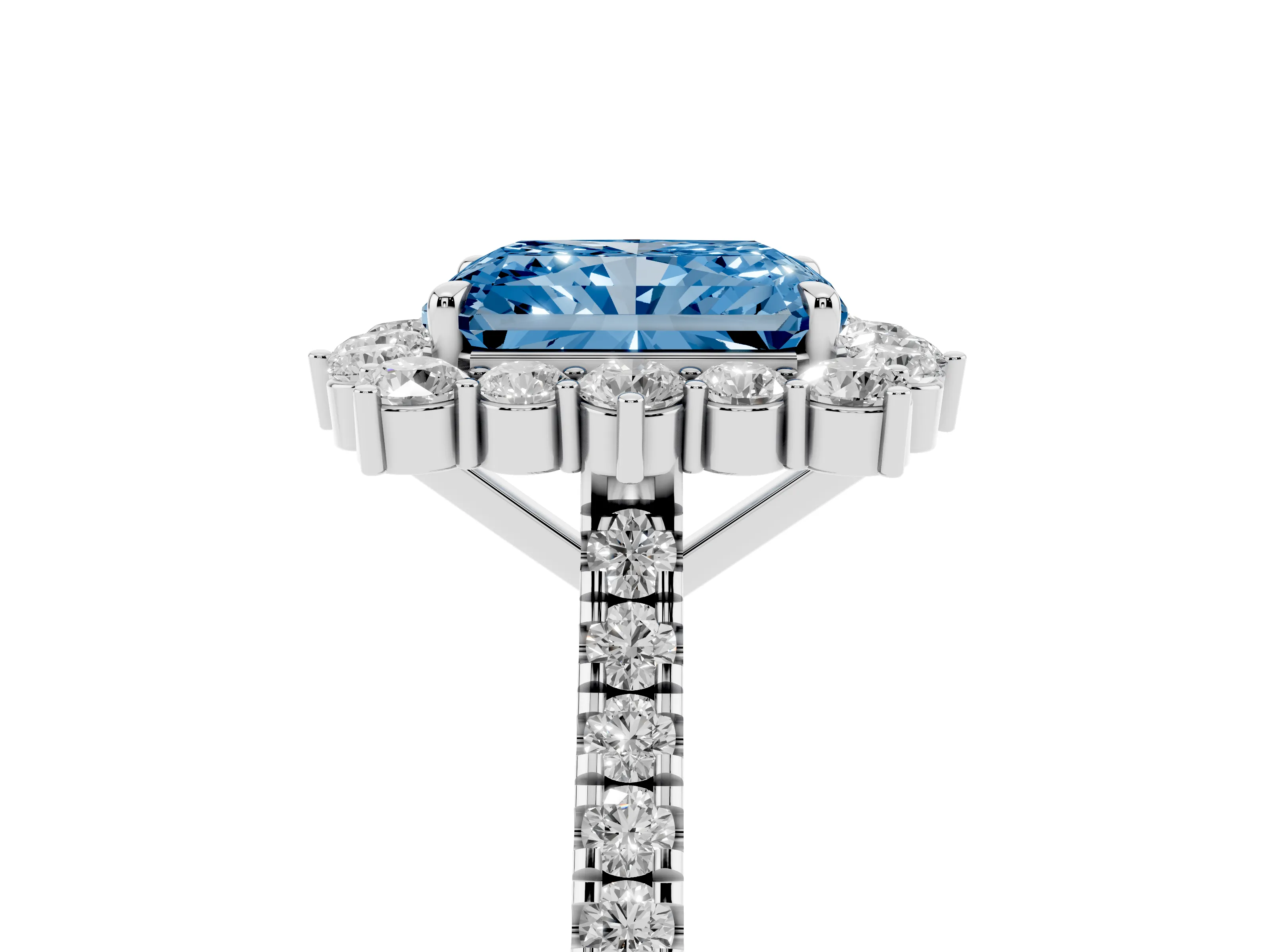 Fancy Blue Radiant Cut Diamond Halo Ring Set in Platinum with Pavé Band and Prong Setting