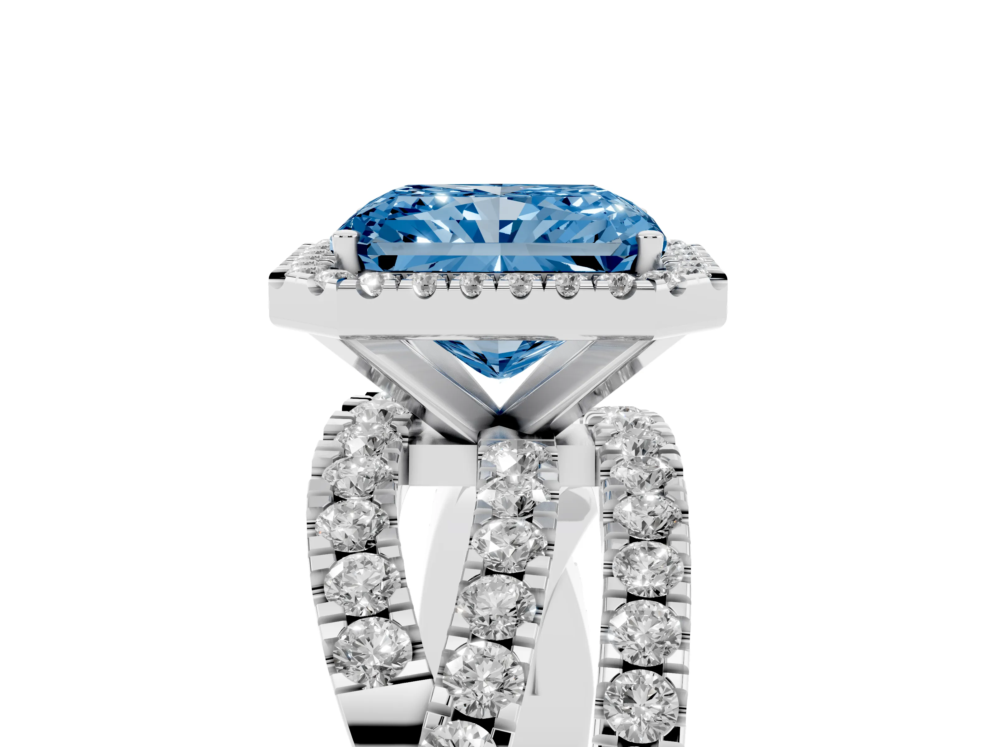 Fancy Blue Radiant Cut Diamond Halo Ring Set in Platinum with Round Crossover Split Shank and Prong Setting