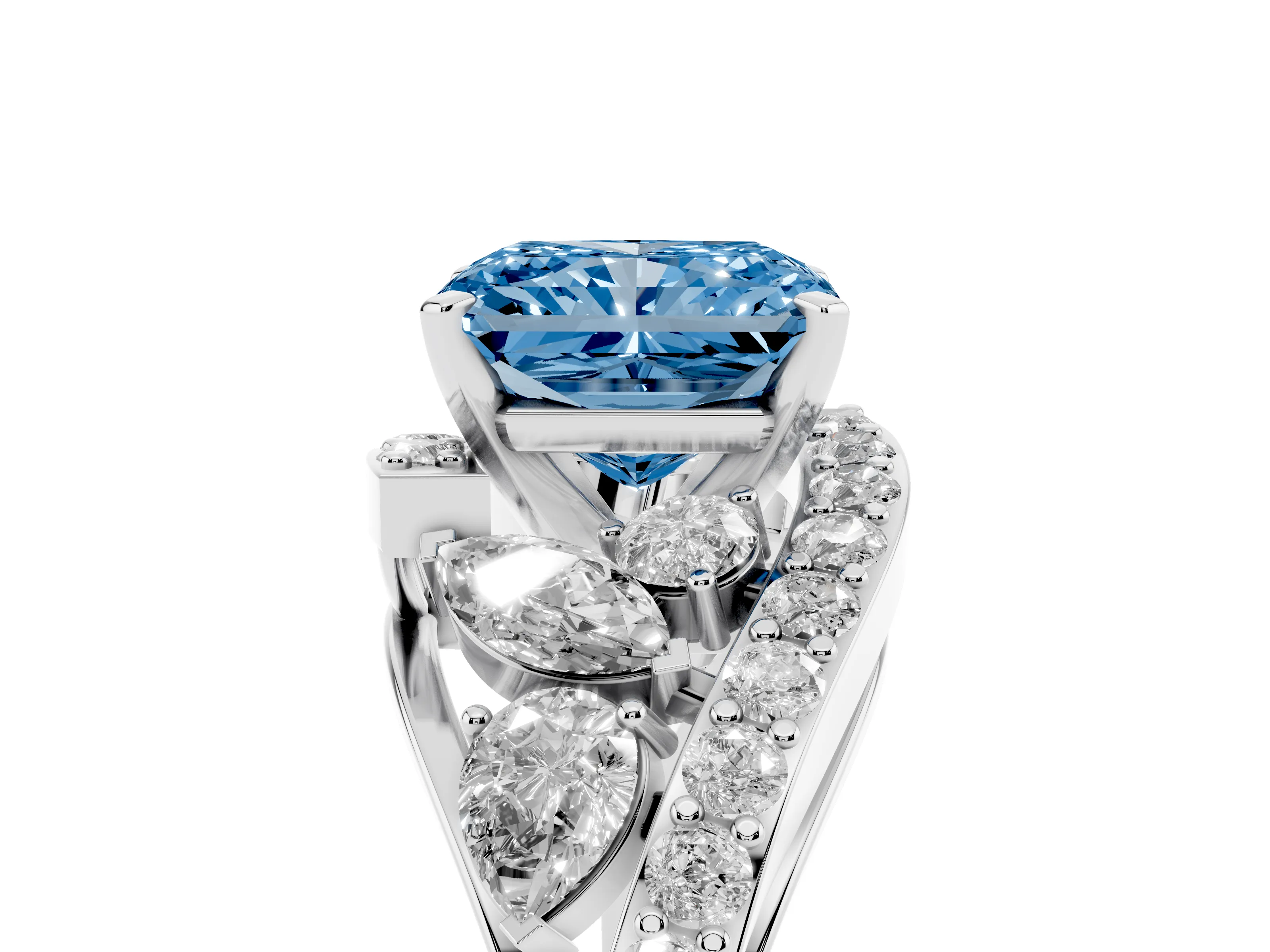Fancy Blue Radiant Cut Diamond Halo Ring Set in White gold with Marquise and Pavé Band in Prong Setting