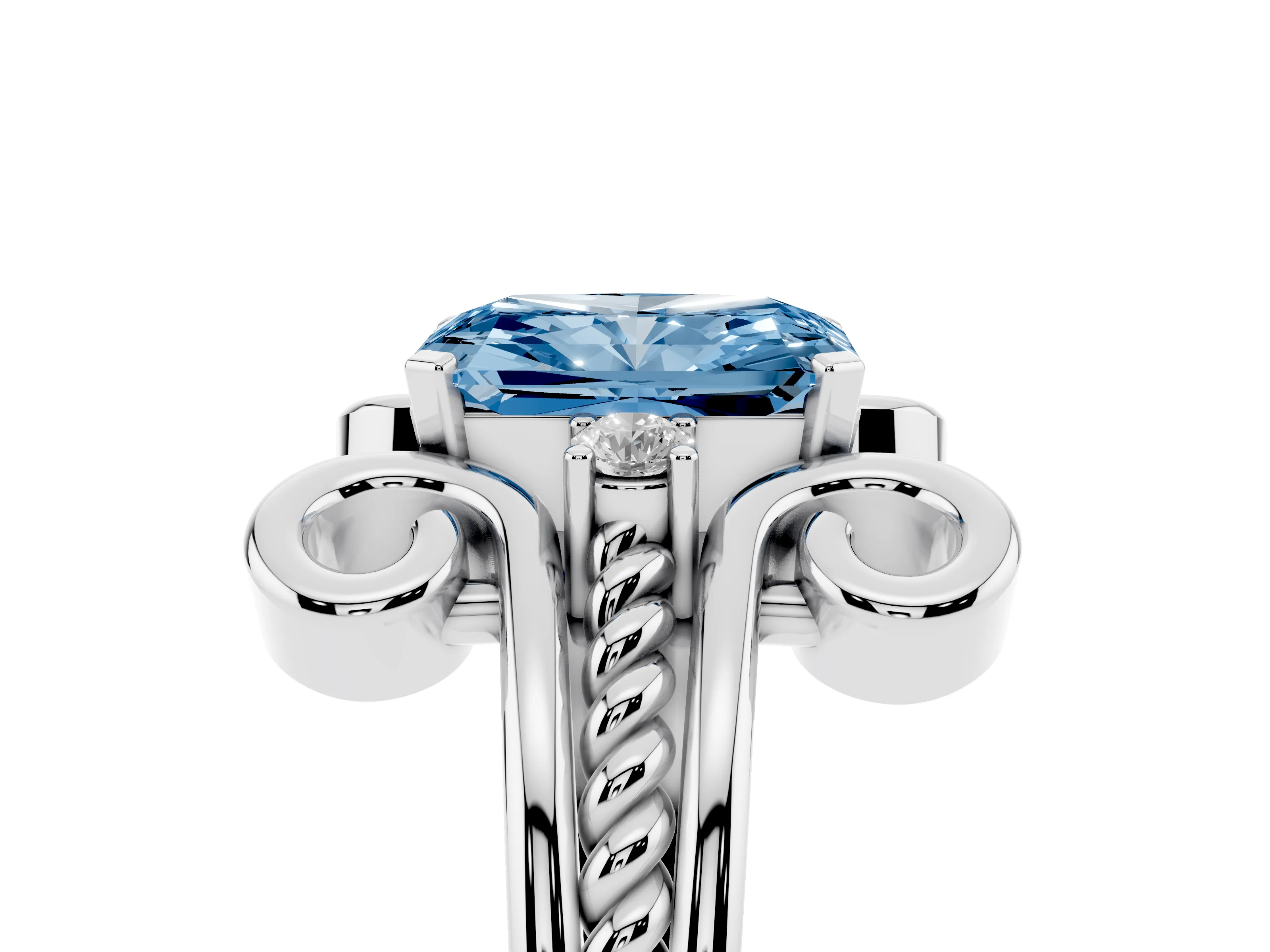 Fancy Blue Radiant Cut Diamond Twisted Band Solitaire Ring Set in Platinum with Scroll Prongs