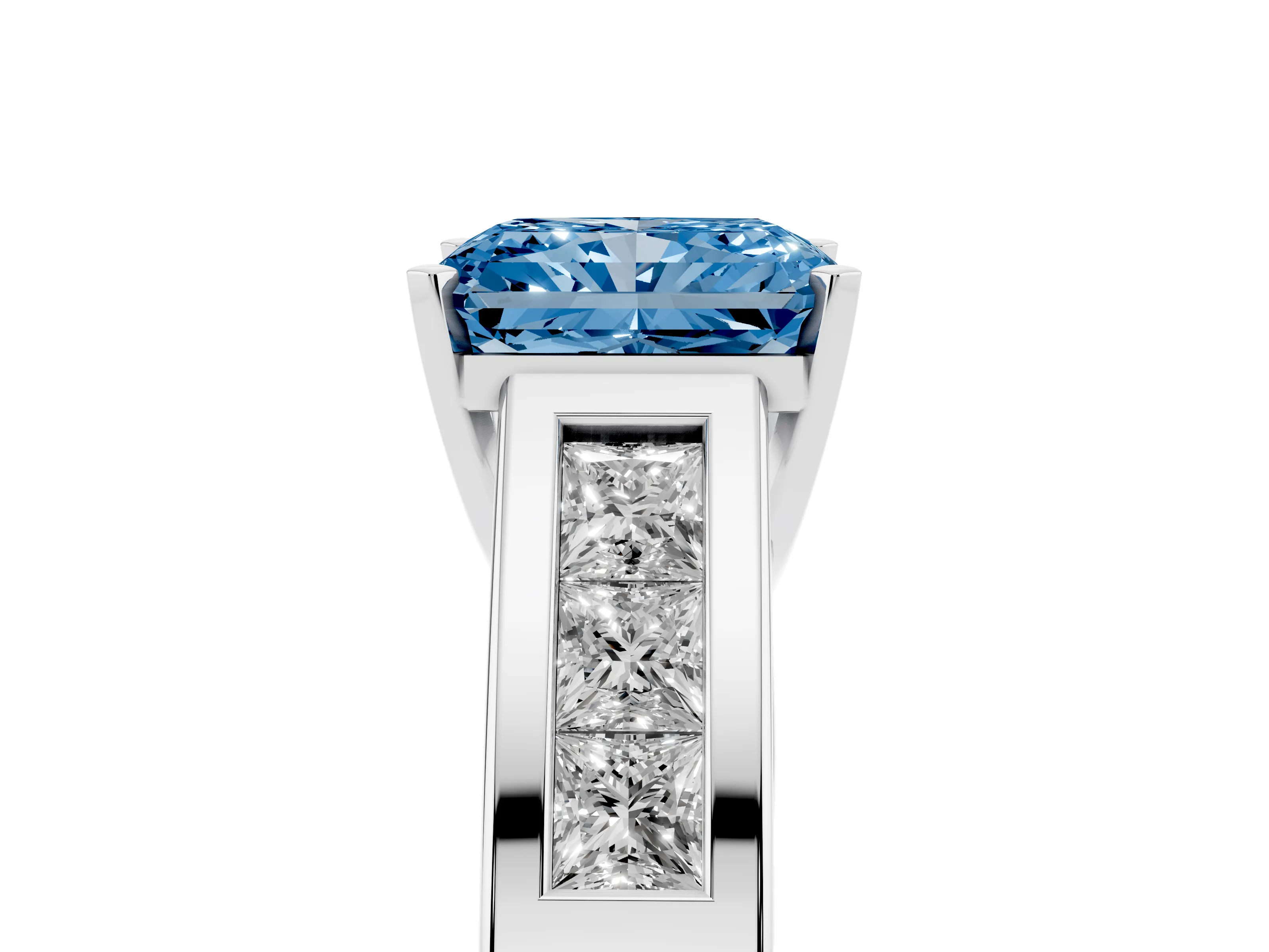 Fancy Blue Radiant Cut Diamond Solitaire Ring Set in Silver with Channel-Set Accent Stones and Prong Setting
