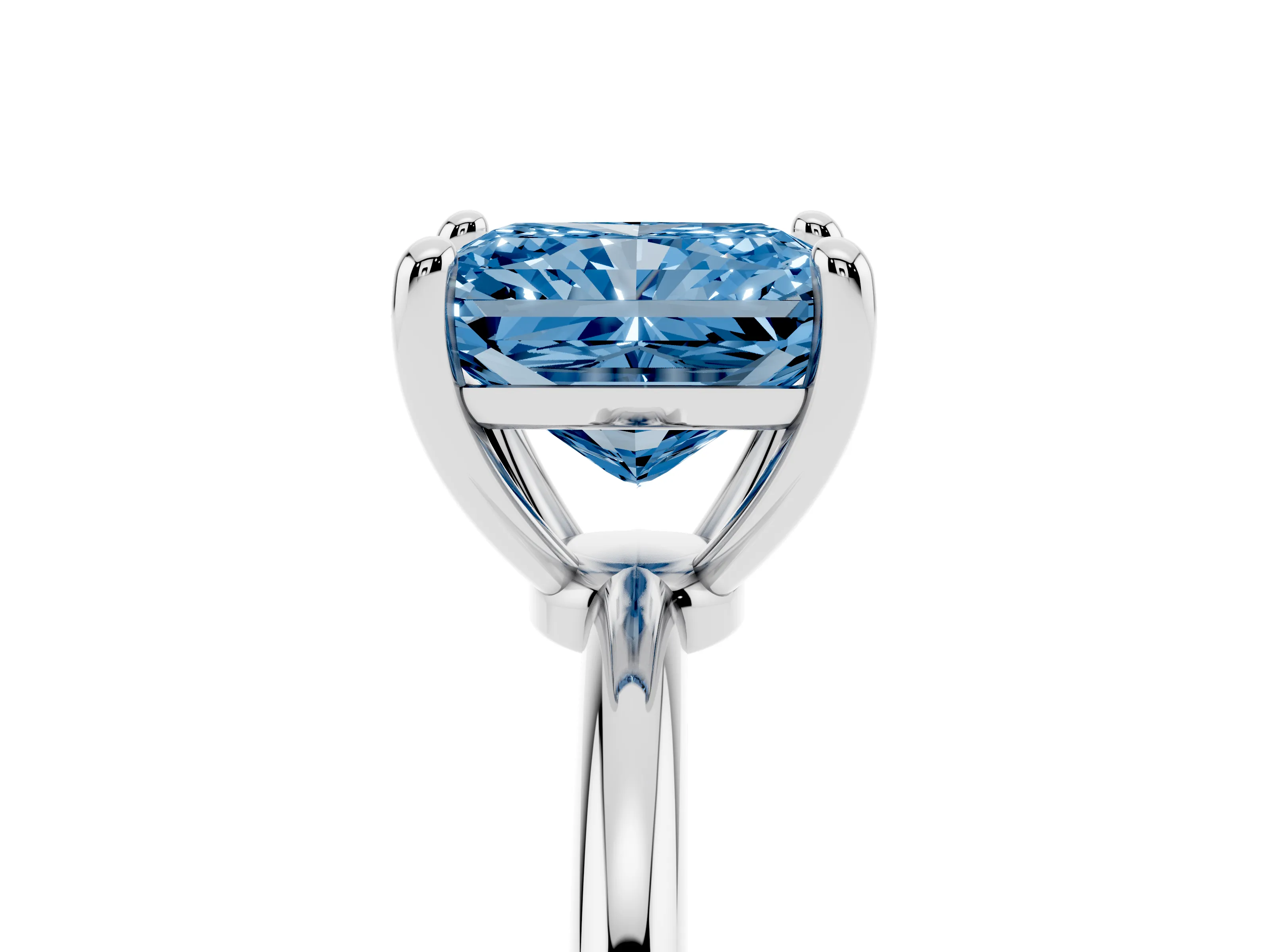 Fancy Blue Radiant Cut Diamond Solitaire Ring Set in White gold with Secure Prong Setting on a Classic Band