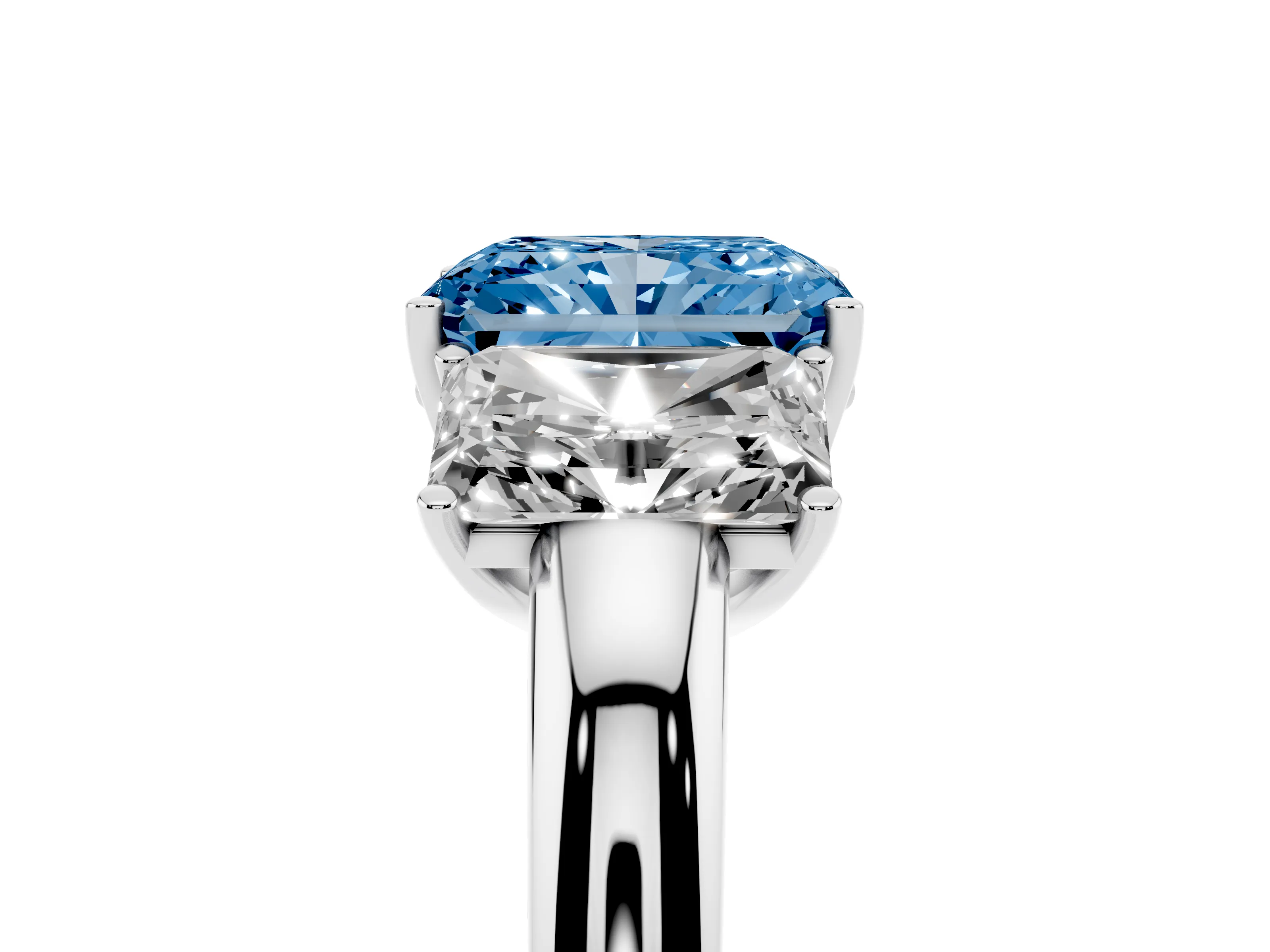 Fancy Blue Radiant Cut Diamond Three-Stone Ring Set in Platinum with Bold Center and Classic Band