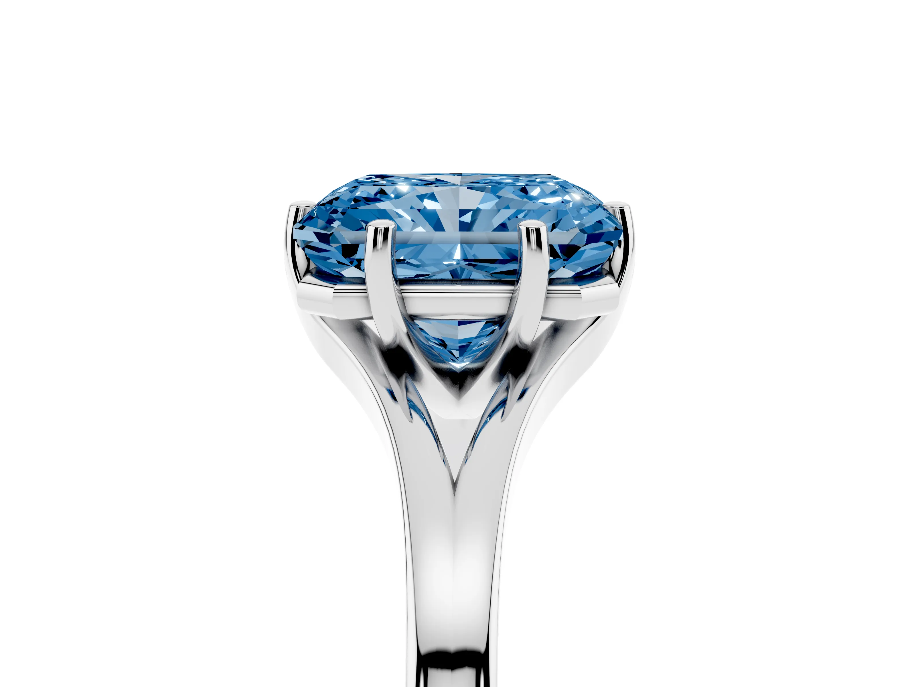 Fancy Blue Radiant Cut Diamond Solitaire Ring Set in White gold with Polished Tapered Band and Prong Setting