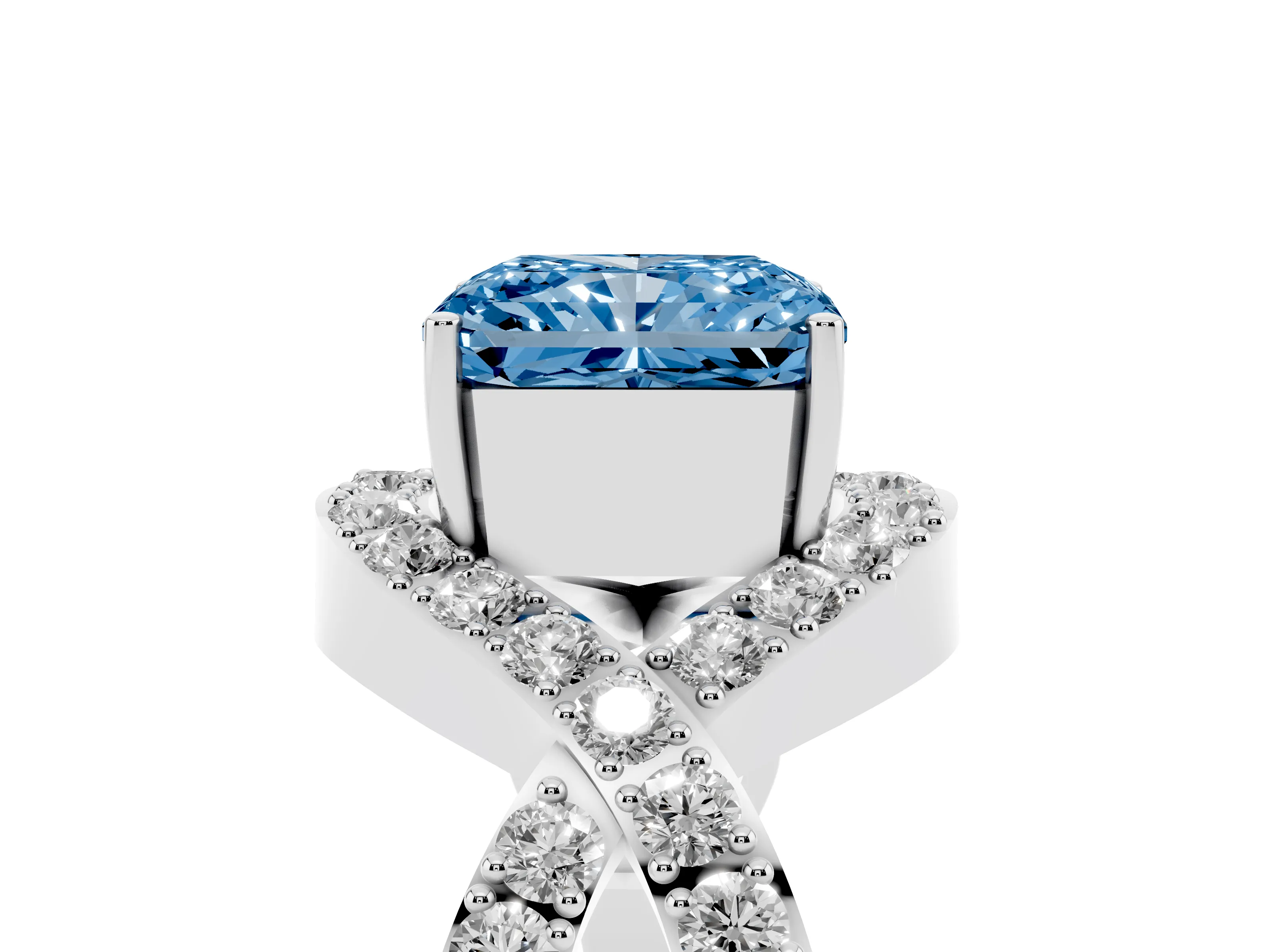 Fancy Blue Radiant Cut Diamond Solitaire Twist Band Pavé Engagement Ring Set in Platinum