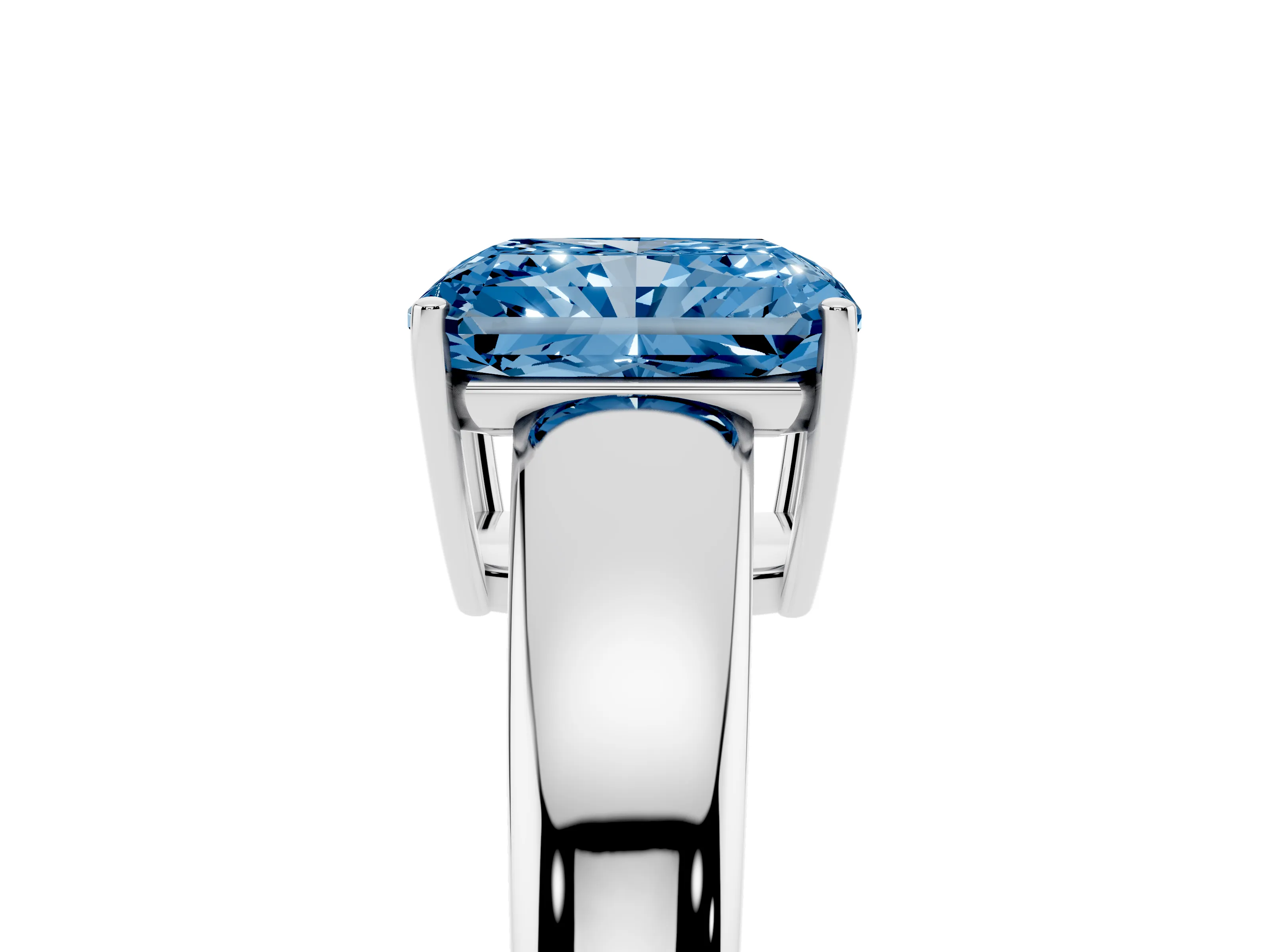 Fancy Blue Radiant Cut Diamond Solitaire Ring Set in White gold with Tapered Band and Prong Setting
