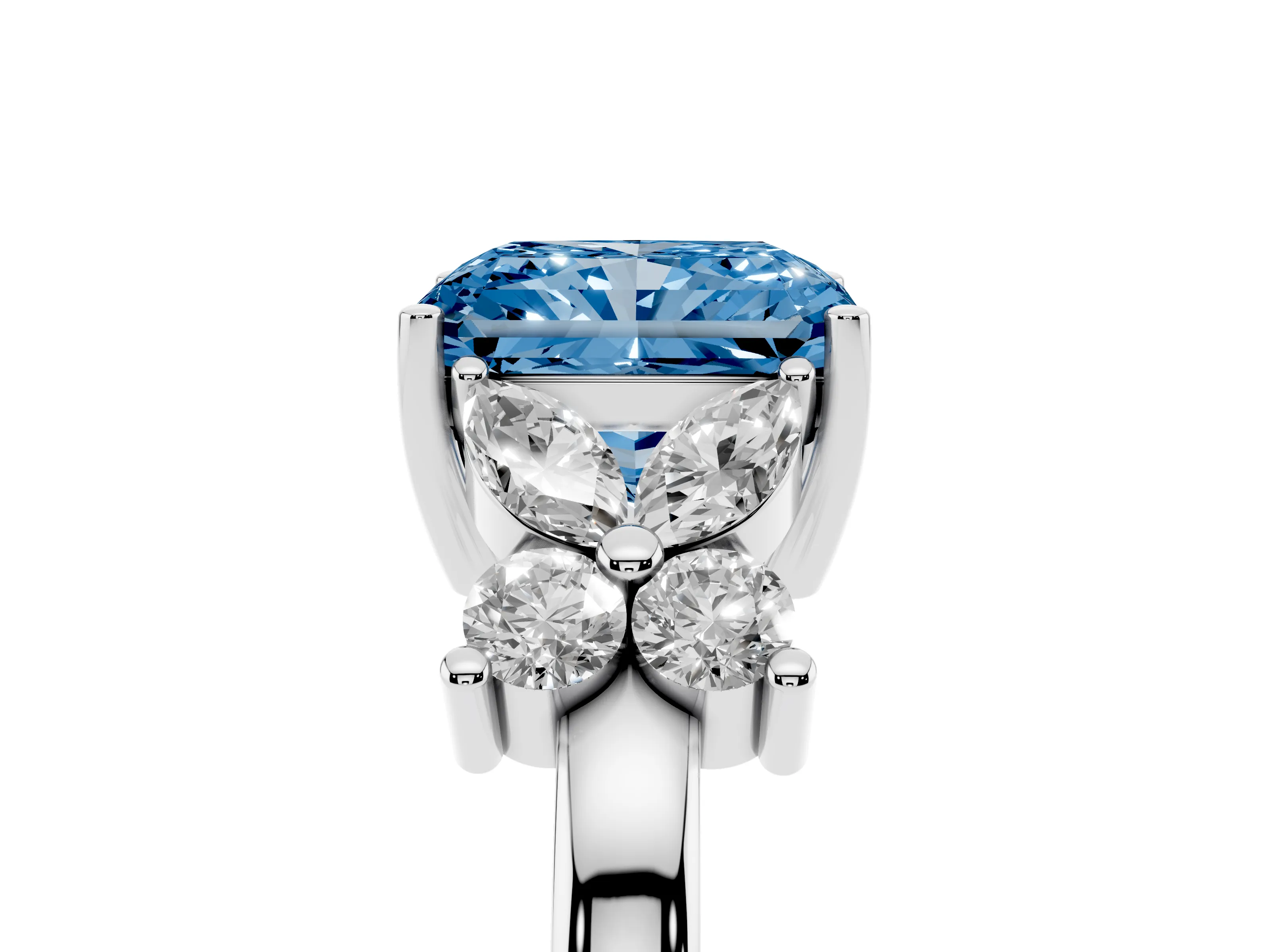 Fancy Blue Radiant Cut Diamond Floral Cluster Ring Set in Silver with Marquise Petals and Prong Setting