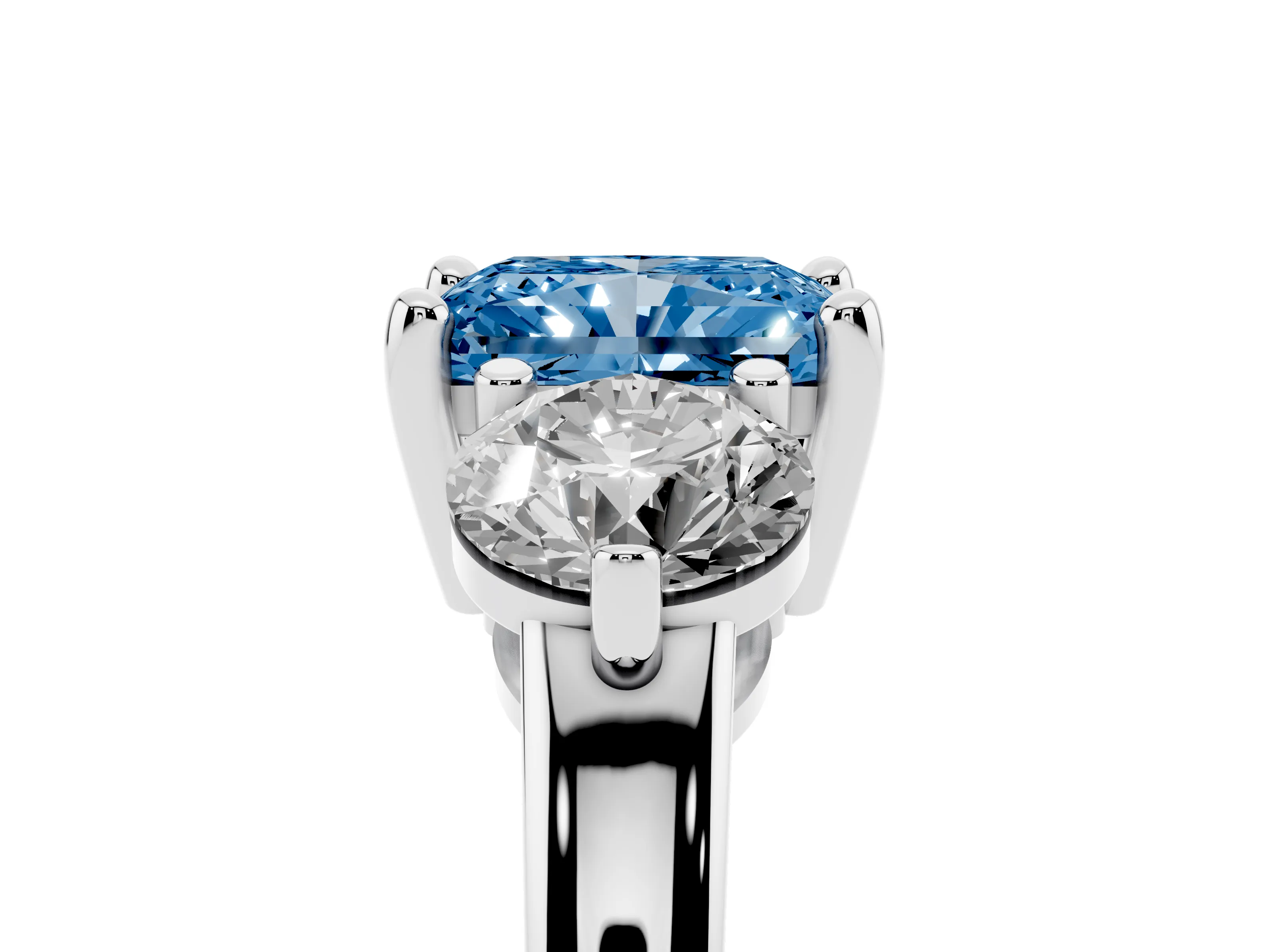 Fancy Blue Radiant Cut Diamond Three-Stone Ring Set in Silver with Prong Setting and Classic Band