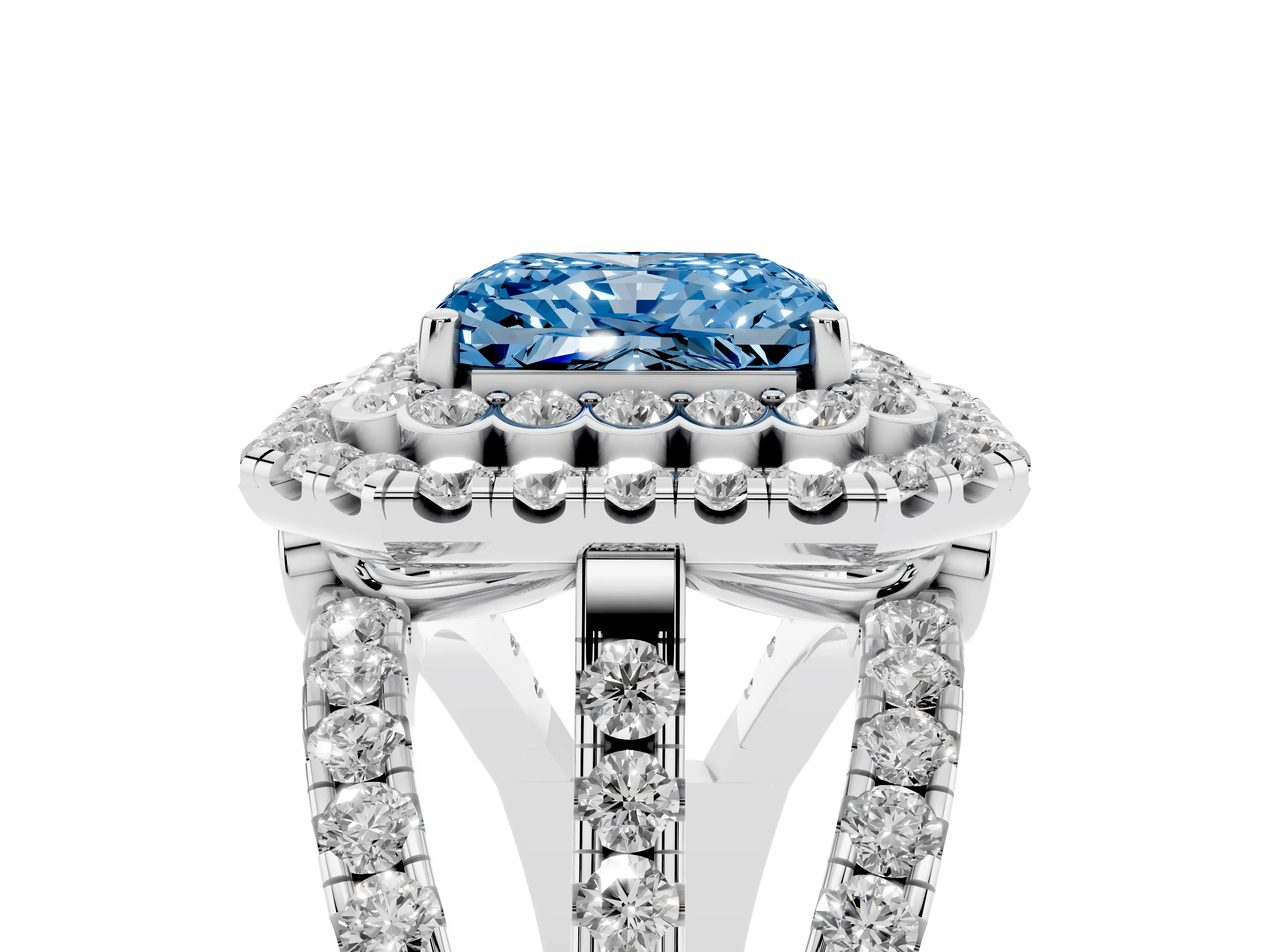 Fancy Blue Radiant Cut Diamond Double Halo Ring Set in White gold with Round Pavé Split Shank
