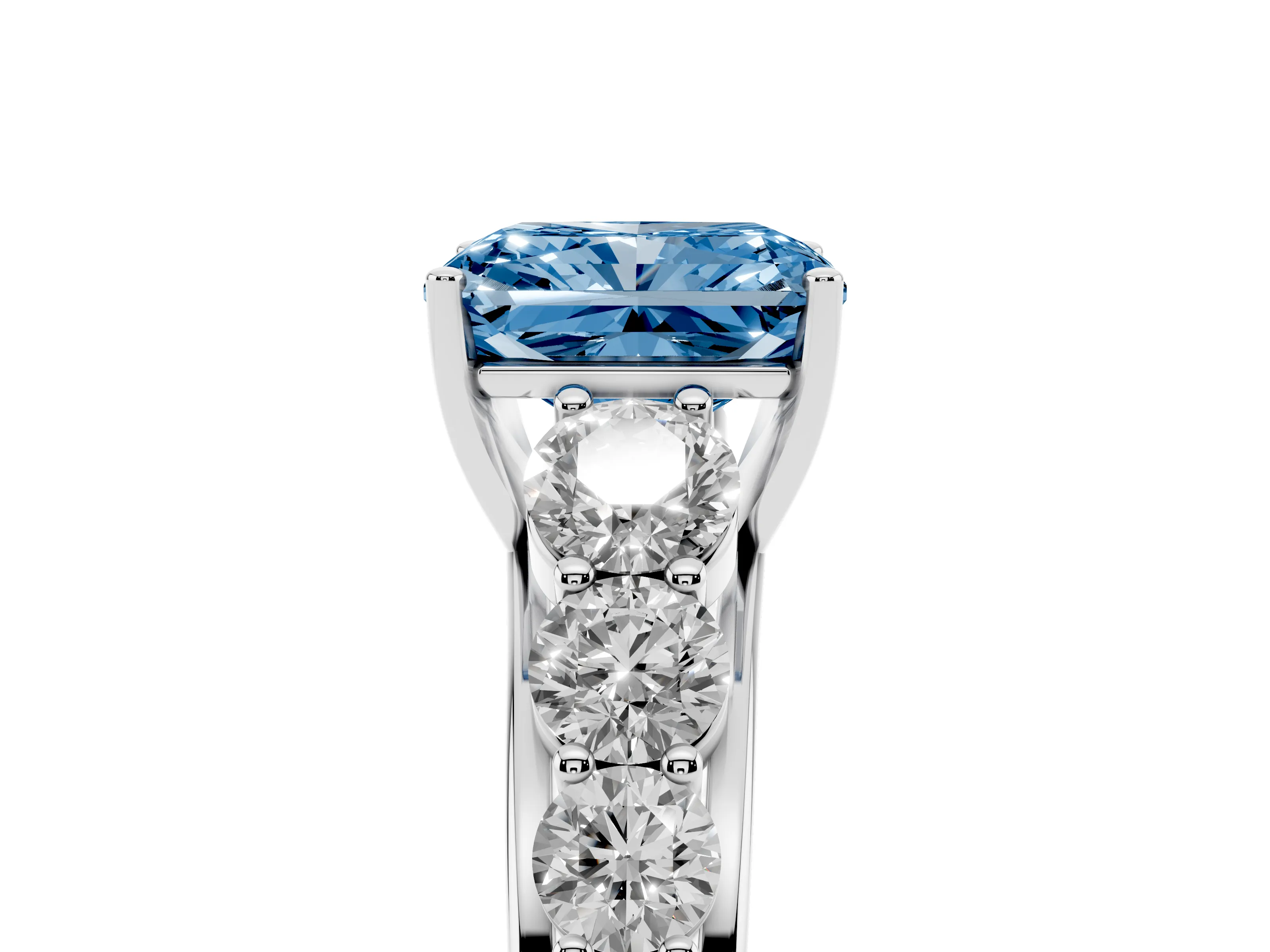 Fancy Blue Radiant Cut Diamond Solitaire Ring Set in Silver with Pavé-Set Band and Prong Setting