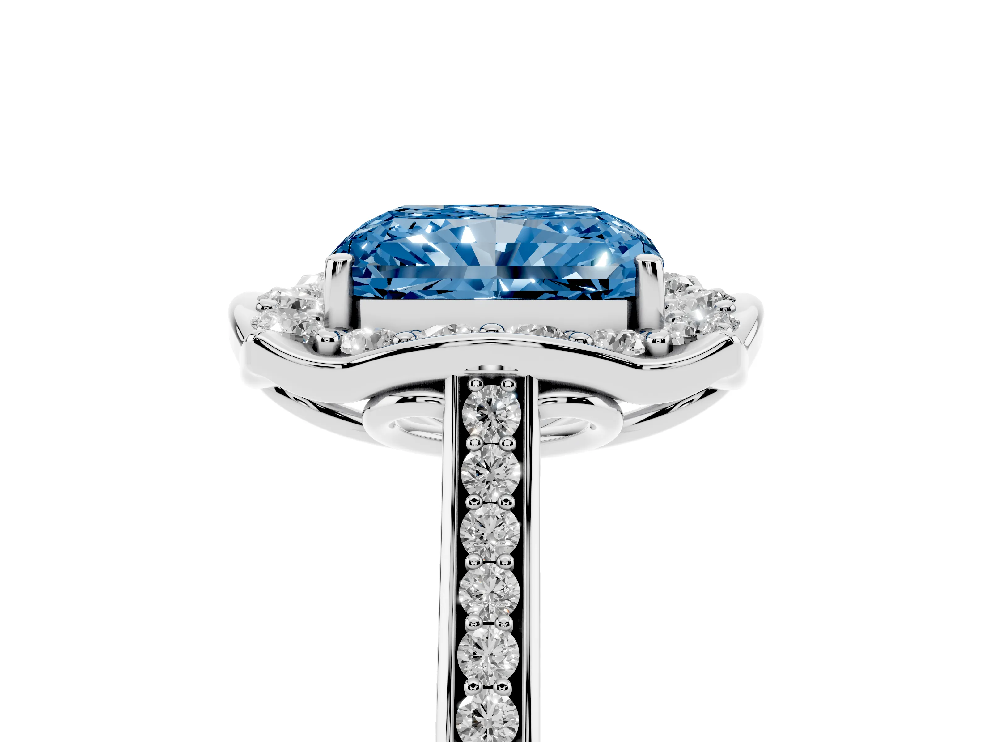 Fancy Blue Radiant Cut Diamond Halo Ring Set in Silver with Pavé-Lined Shoulders and Prong Setting