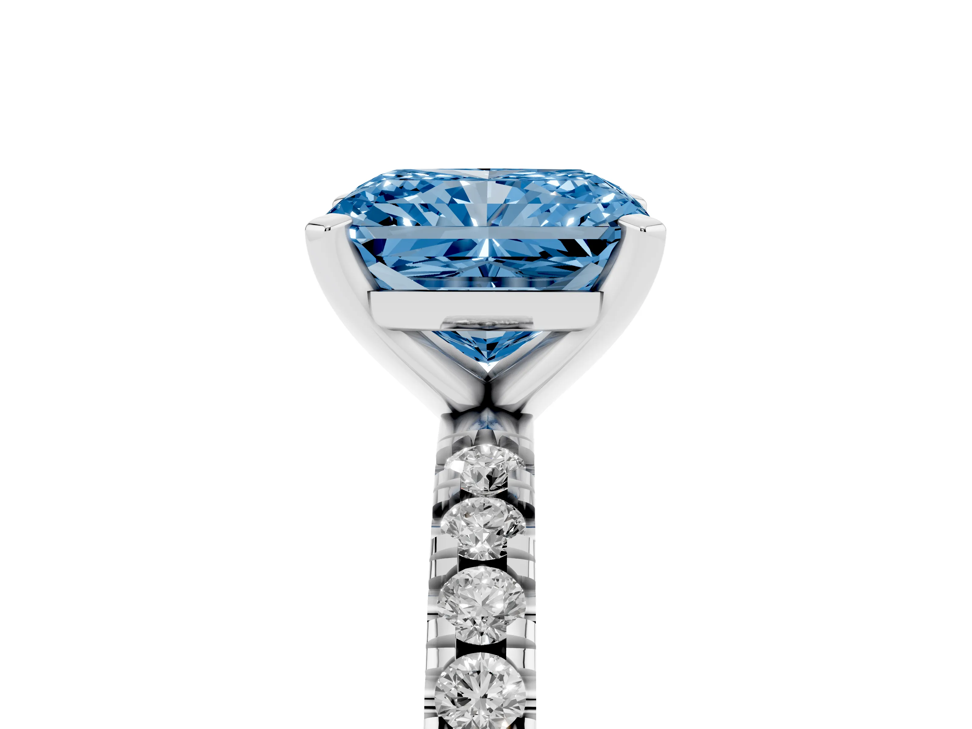 Fancy Blue Radiant Cut Diamond Pavé Band Solitaire Set in Silver with Prong Setting