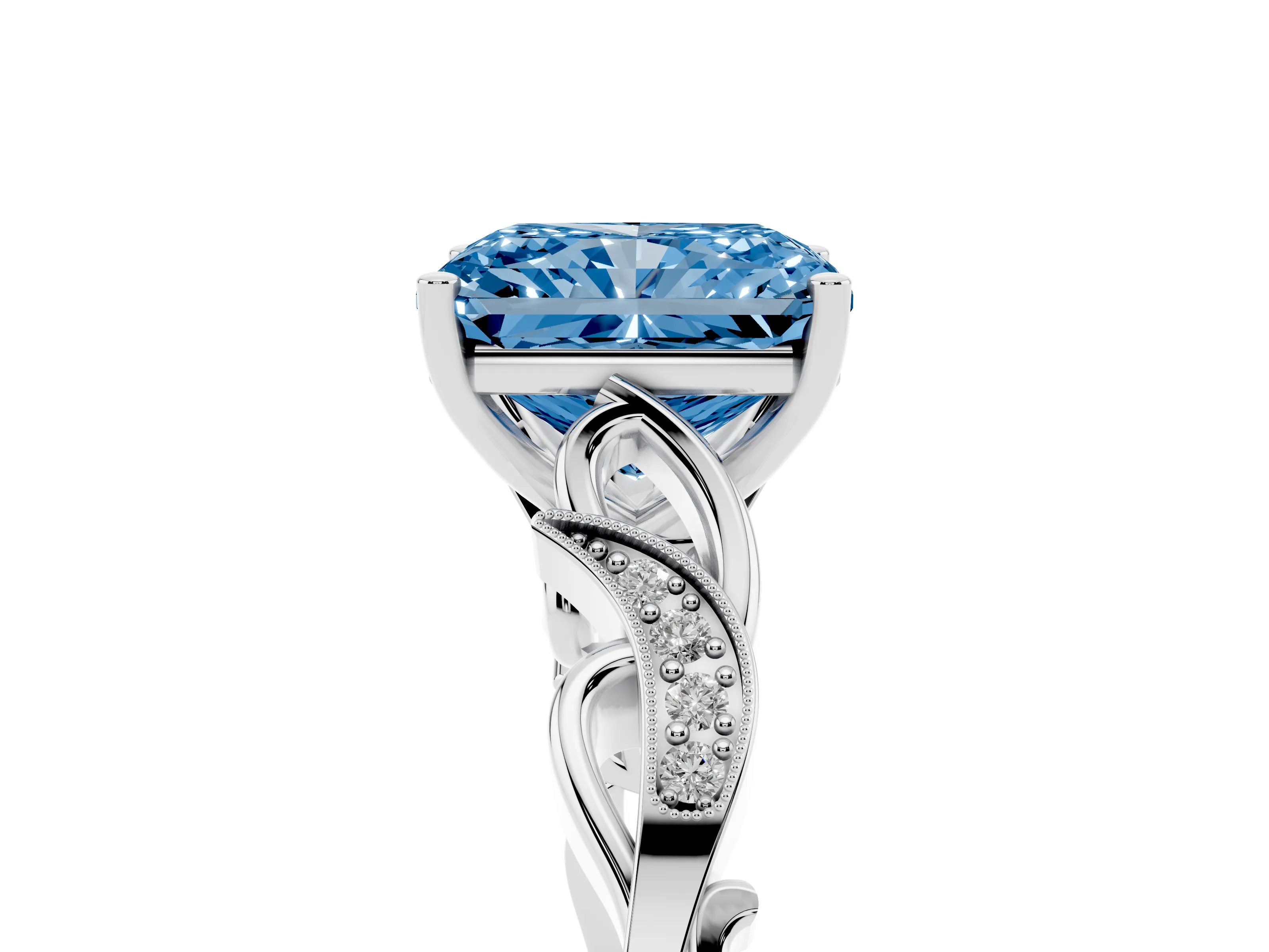 Fancy Blue Radiant Cut Diamond Vine Band Solitaire Ring Set in Platinum with Milgrain Prong Setting
