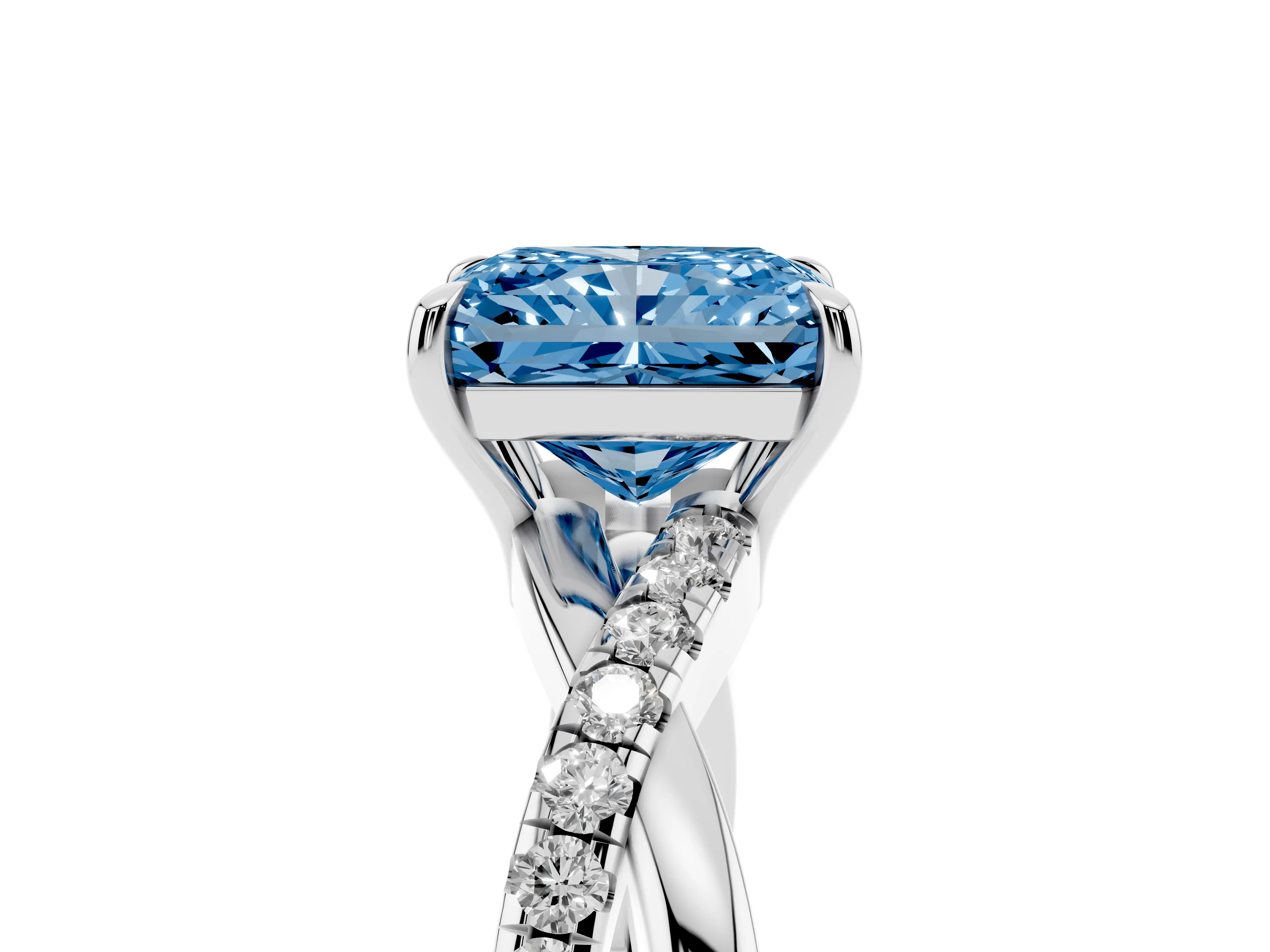 Fancy Blue Radiant Cut Diamond Twisted Pavé Band Ring Set in Silver with Prong Setting