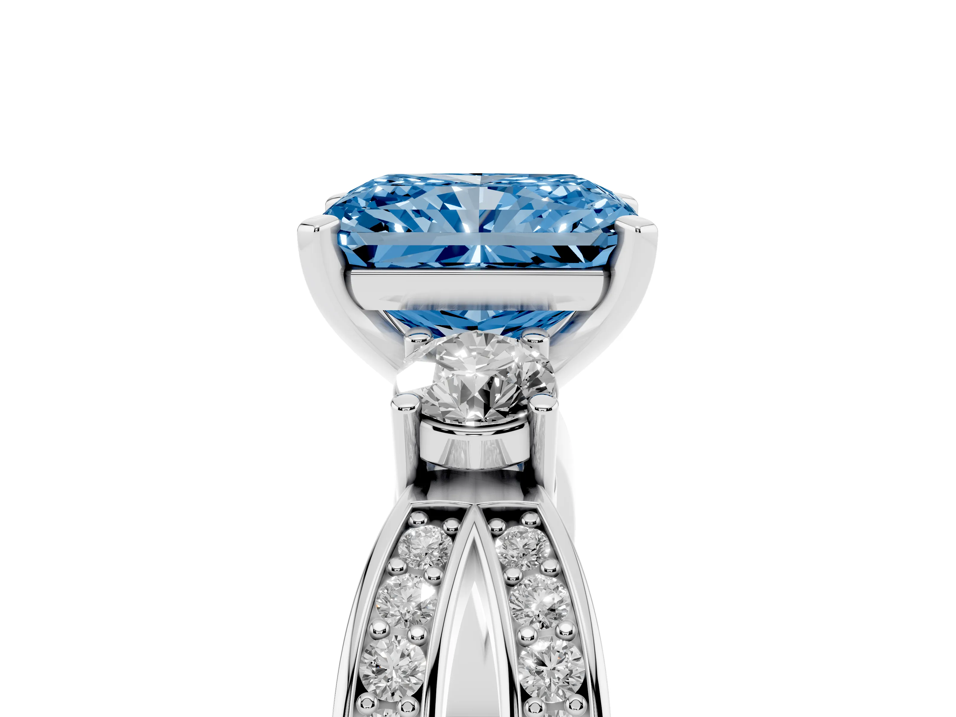 Fancy Blue Three-Stone Radiant Cut Diamond Twist Band Ring Set in Platinum with Pavé Accents and Prong Setting