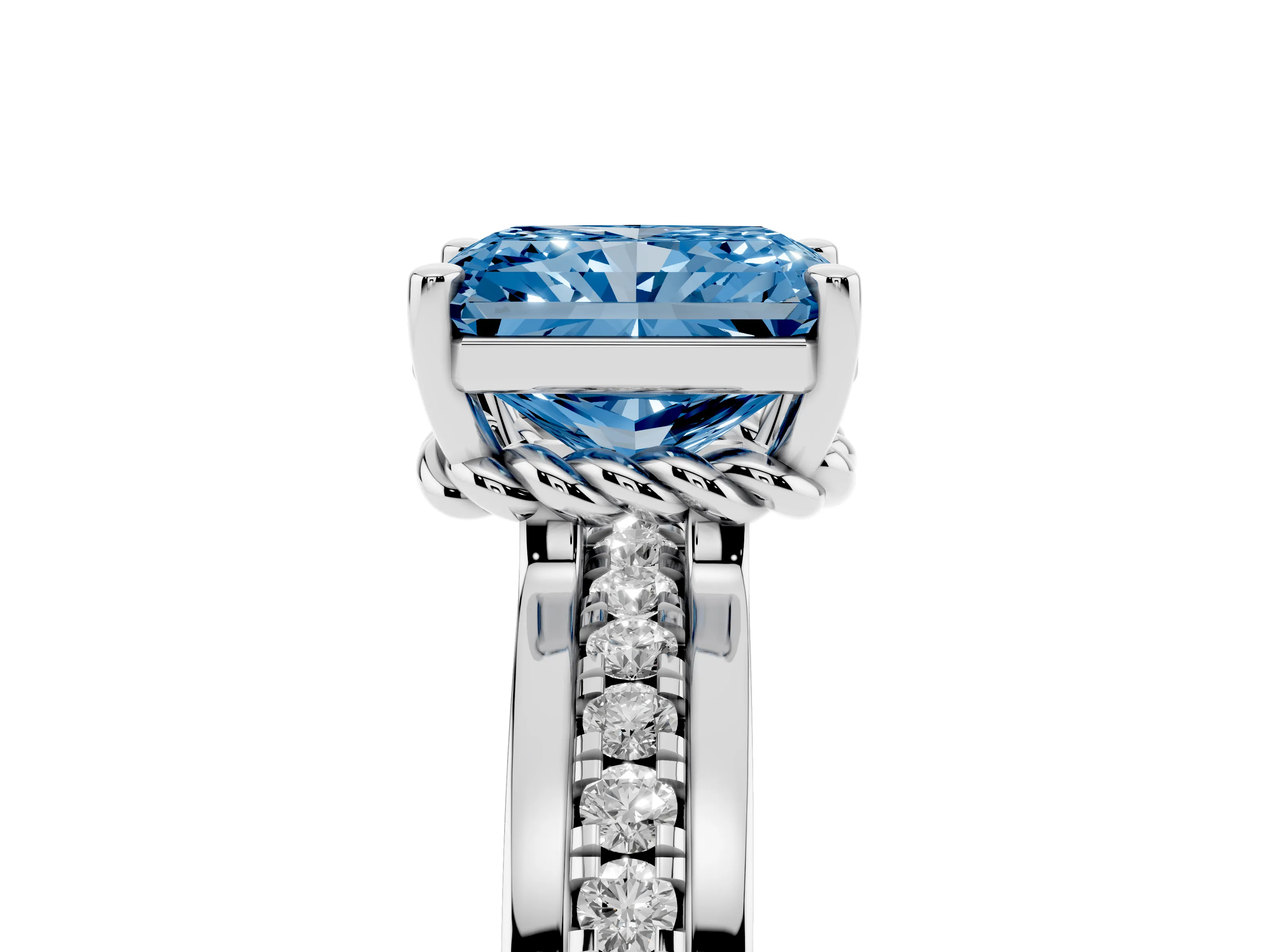 Fancy Blue Radiant Cut Diamond Solitaire Ring Set in White gold with Channel Set Band and Prong Setting