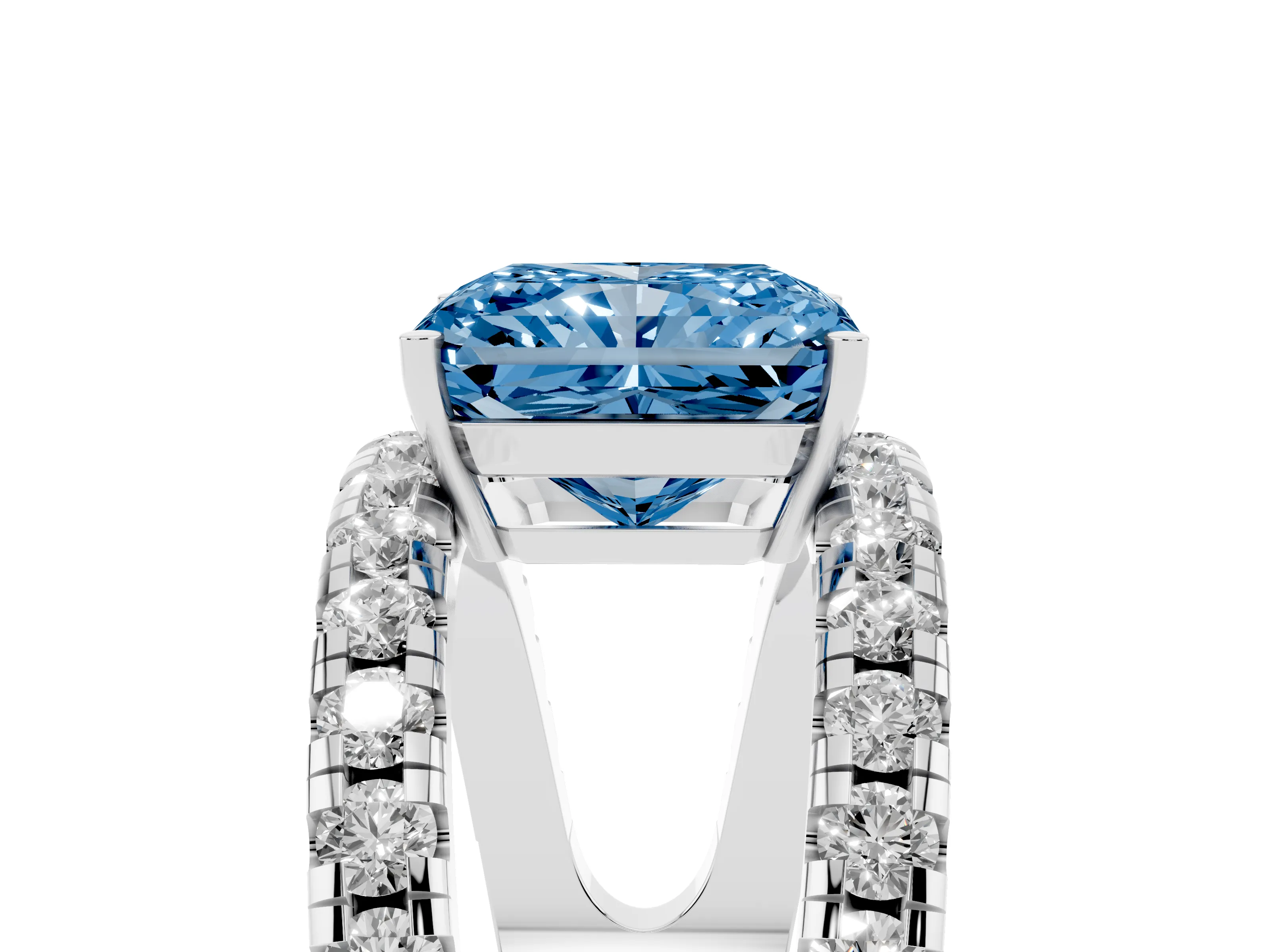 Fancy Blue Radiant Cut Diamond Split Shank Pavé Solitaire Ring Set in White gold with Open Shank Design