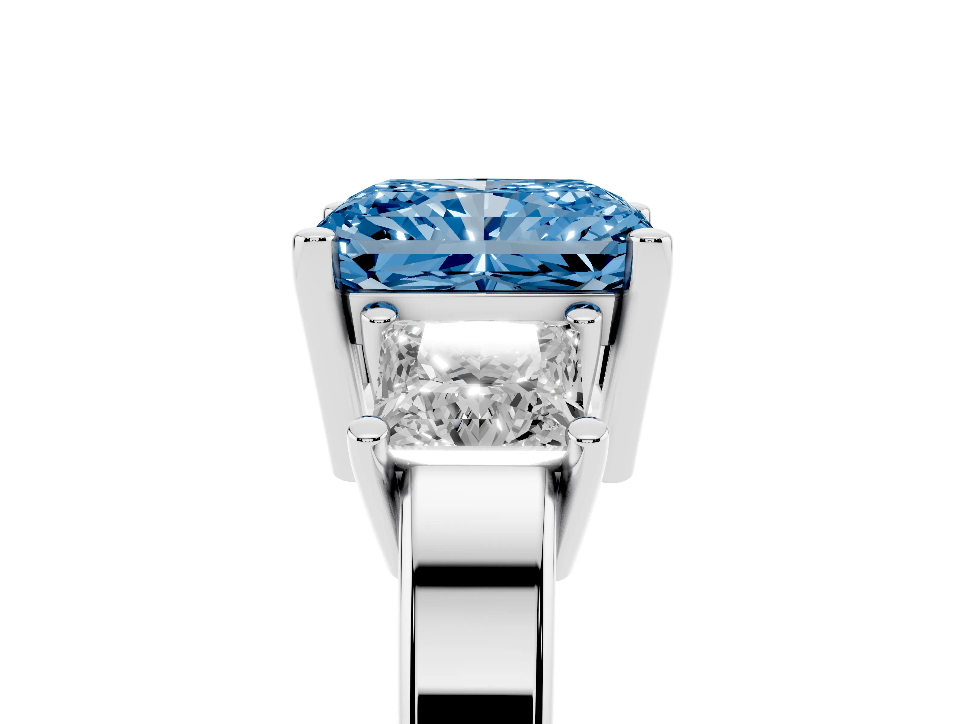 Fancy Blue Three-Stone Radiant Cut Diamond Solitaire Ring Set in Platinum with Prong Setting