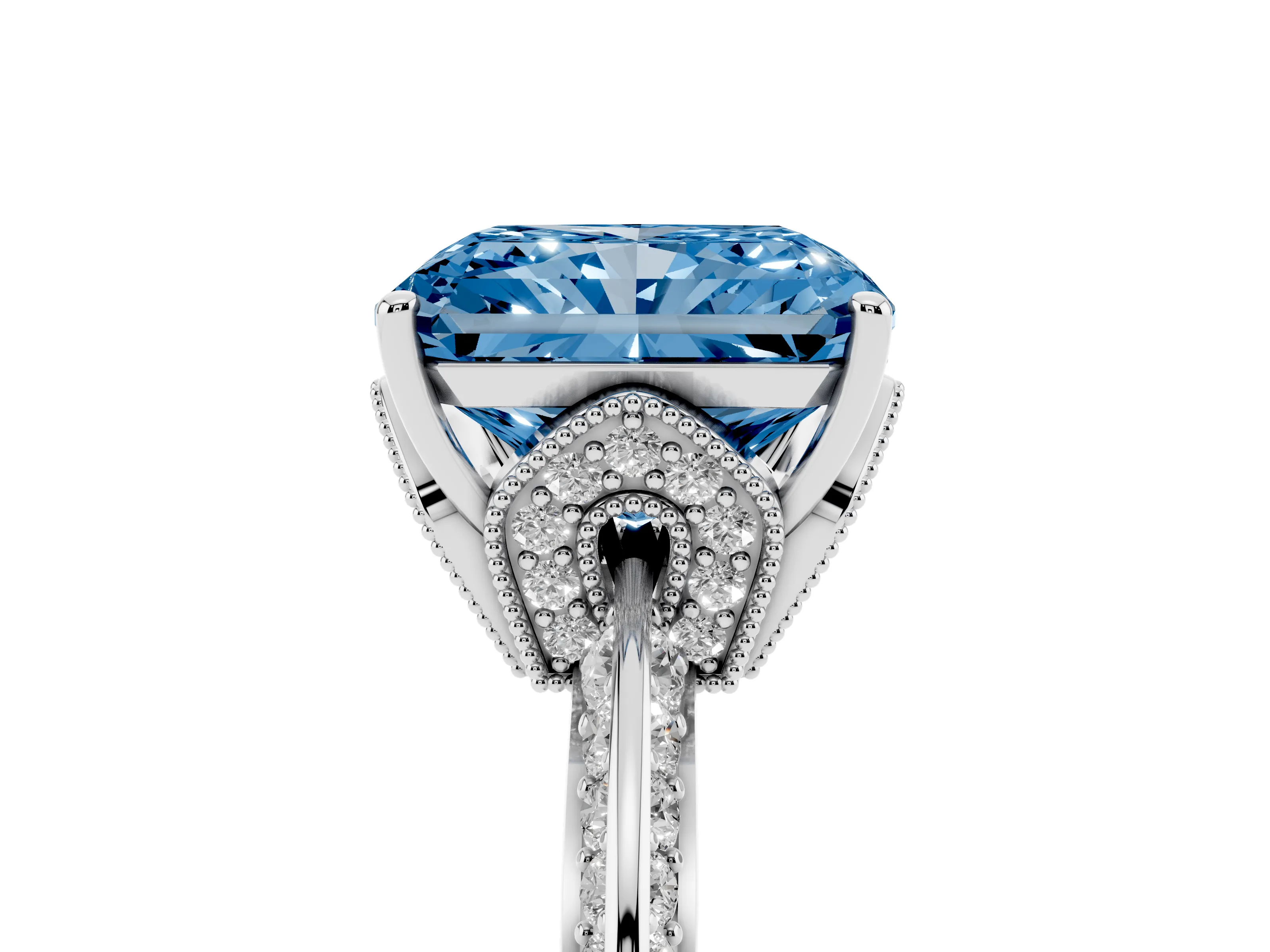 Fancy Blue Radiant Cut Diamond Solitaire Engagement Ring Set in Silver with Pavé Split Shank and Prong Setting