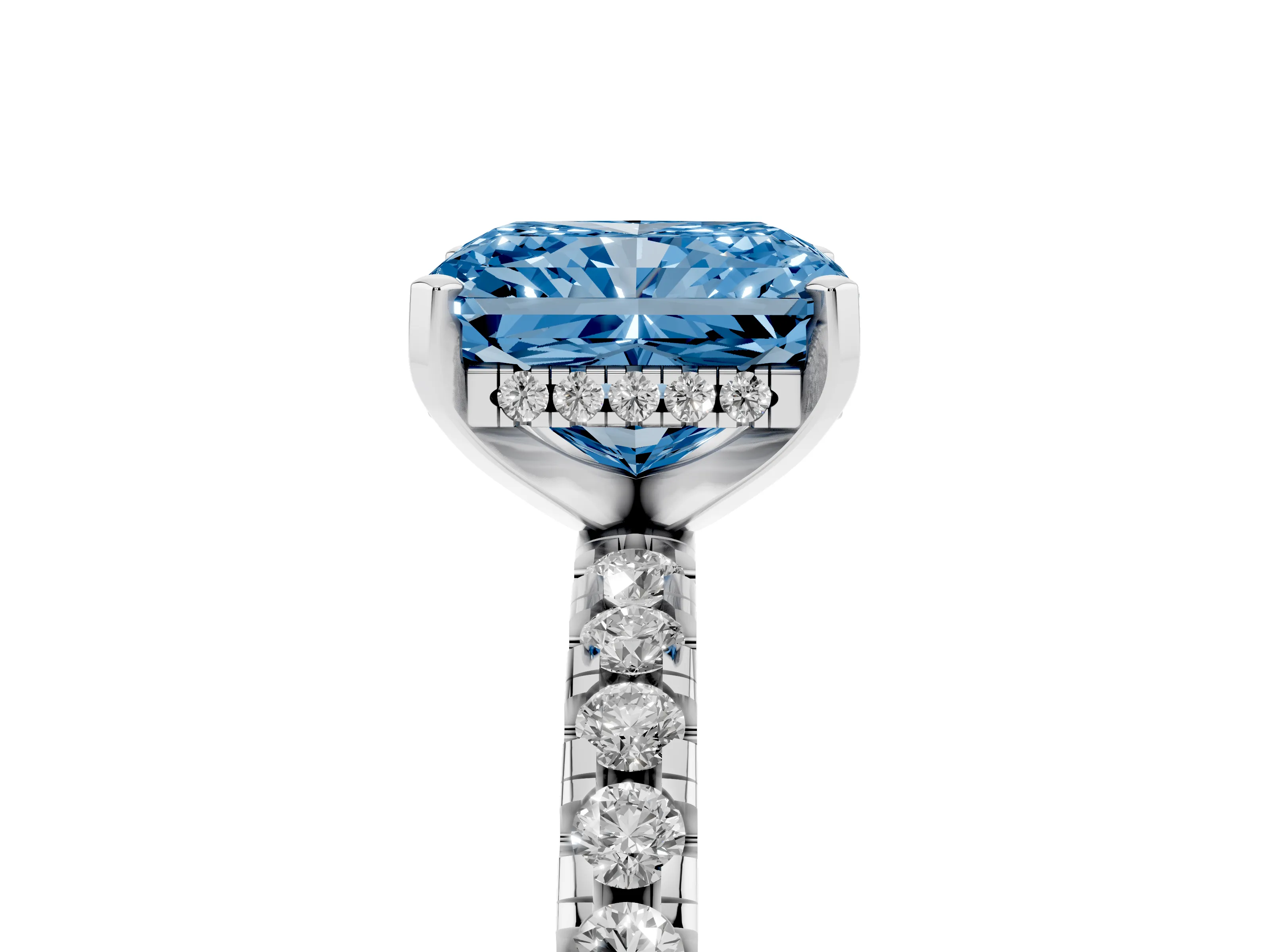 Fancy Blue Radiant Cut Diamond Pavé Solitaire Ring Set in Silver with Round Band Accents and Prong Setting
