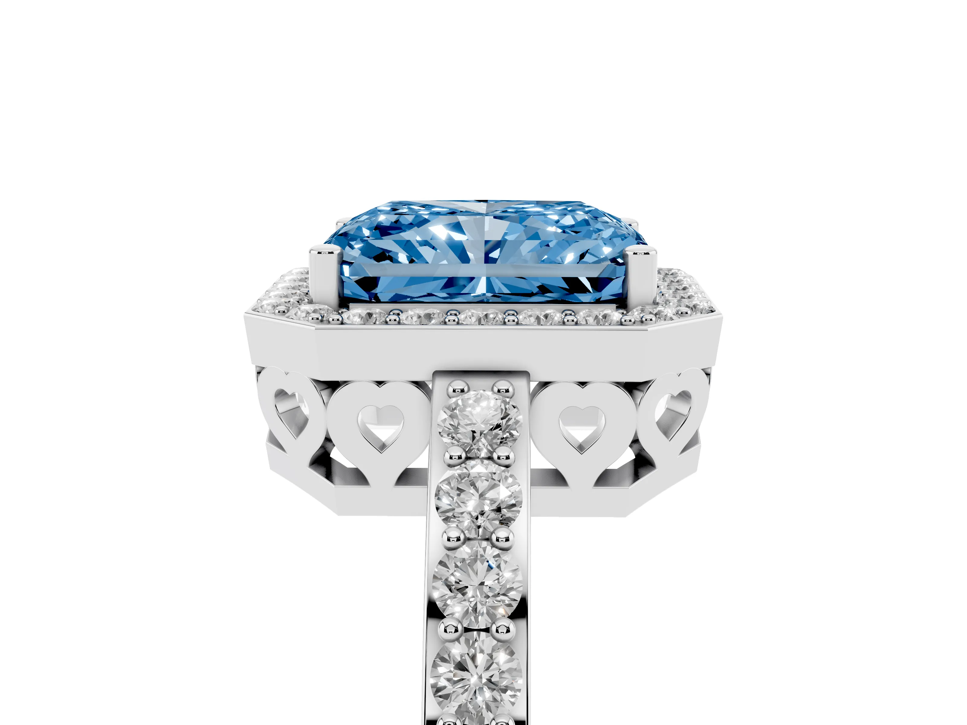 Fancy Blue Radiant Cut Diamond Halo Ring Set in White gold with Pavé-Setting Band and Open Prong Center