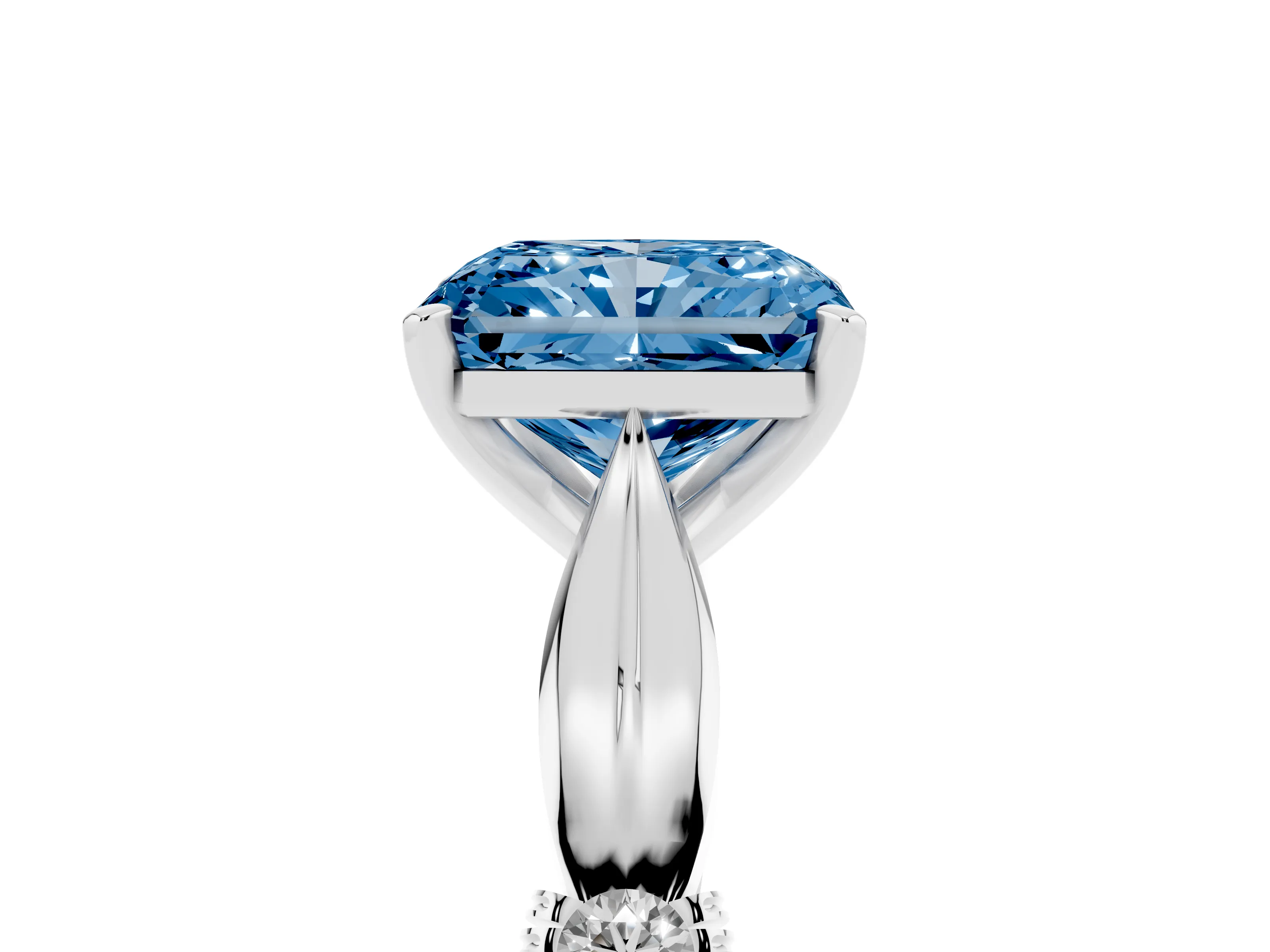 Fancy Blue Radiant Cut Diamond Solitaire Twisted Band Ring Set in Platinum with Accent Stones and Prong Setting