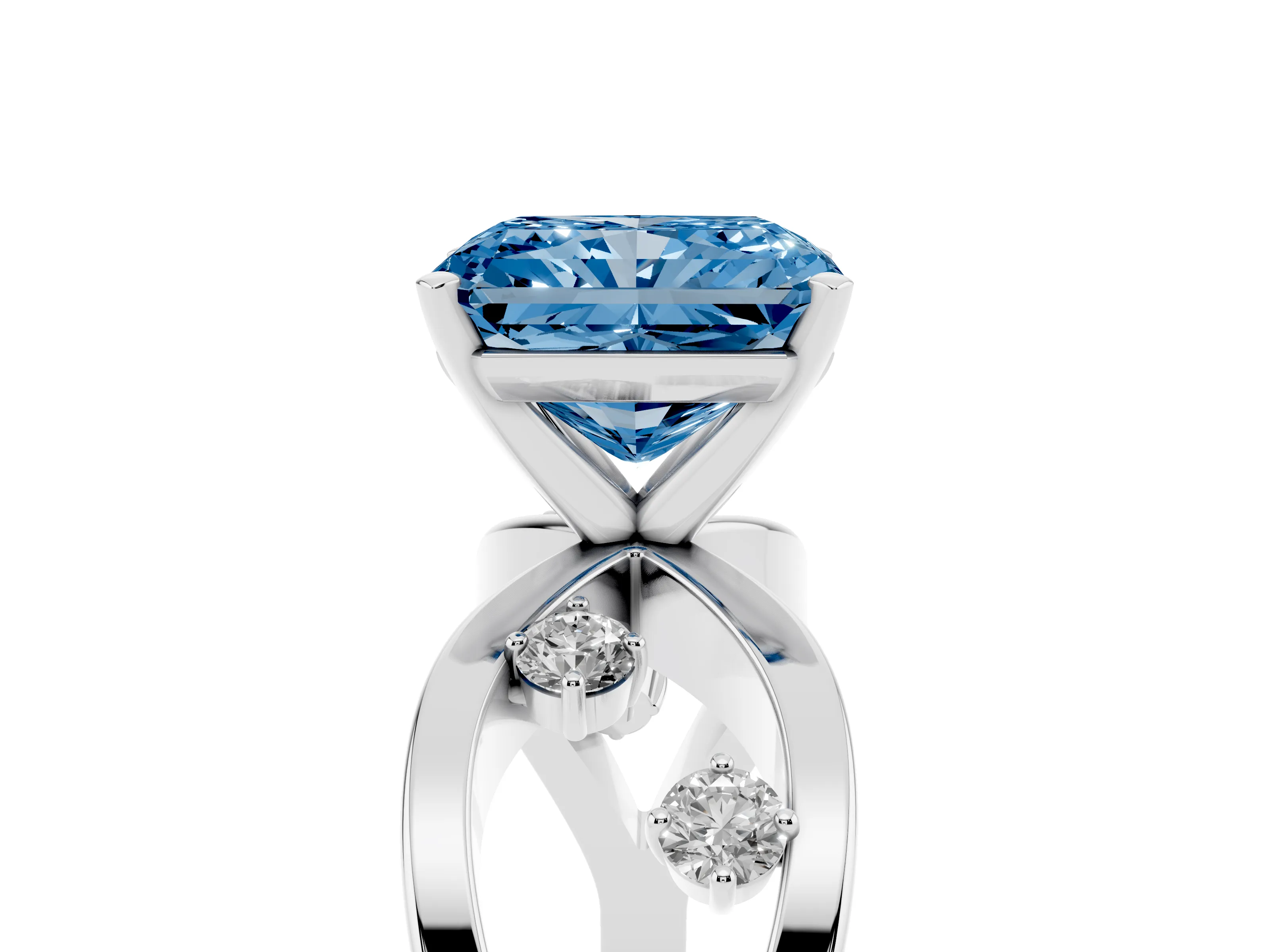 Fancy Blue Radiant Cut Diamond Solitaire Ring Set in Platinum with Side Stones on Criss-Cross Band and Prong Setting