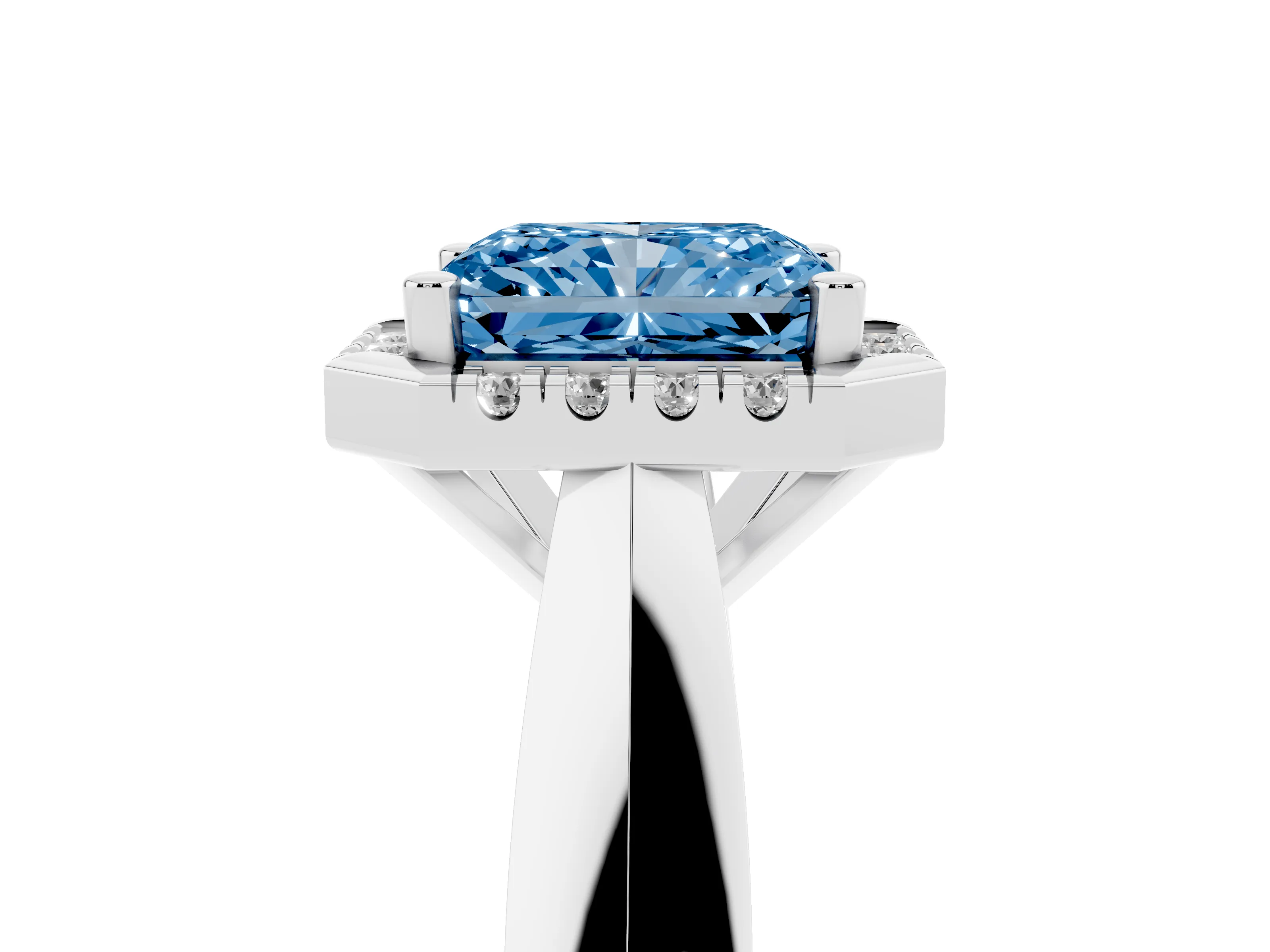 Fancy Blue Radiant Cut Diamond Halo Solitaire Engagement Ring Set in Platinum with Square Band and Prong Setting