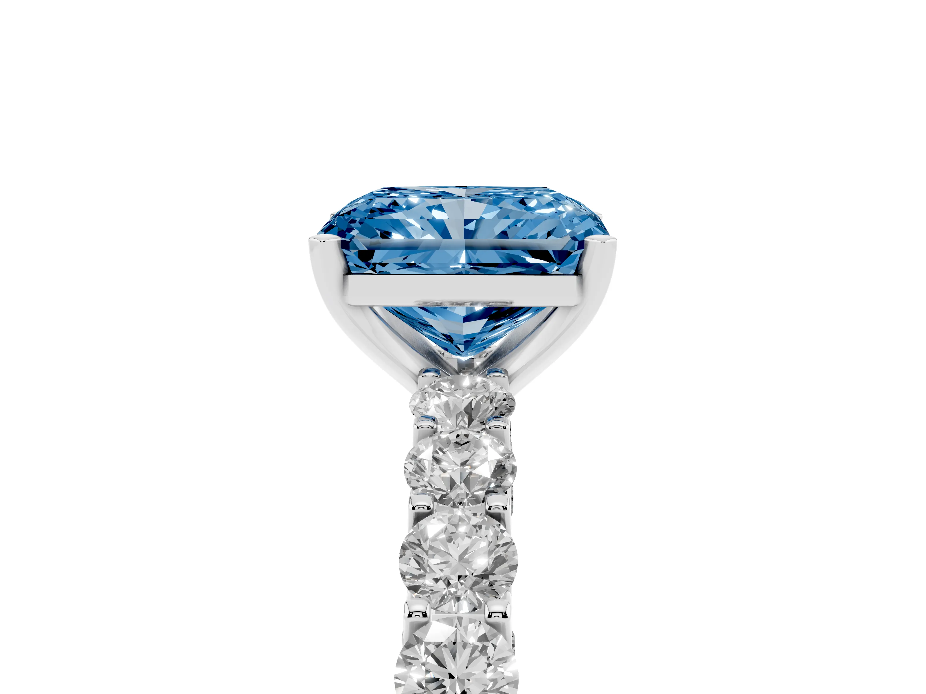 Fancy Blue Radiant Cut Diamond Solitaire Ring Set in Platinum with Shared Prong Pavé Band