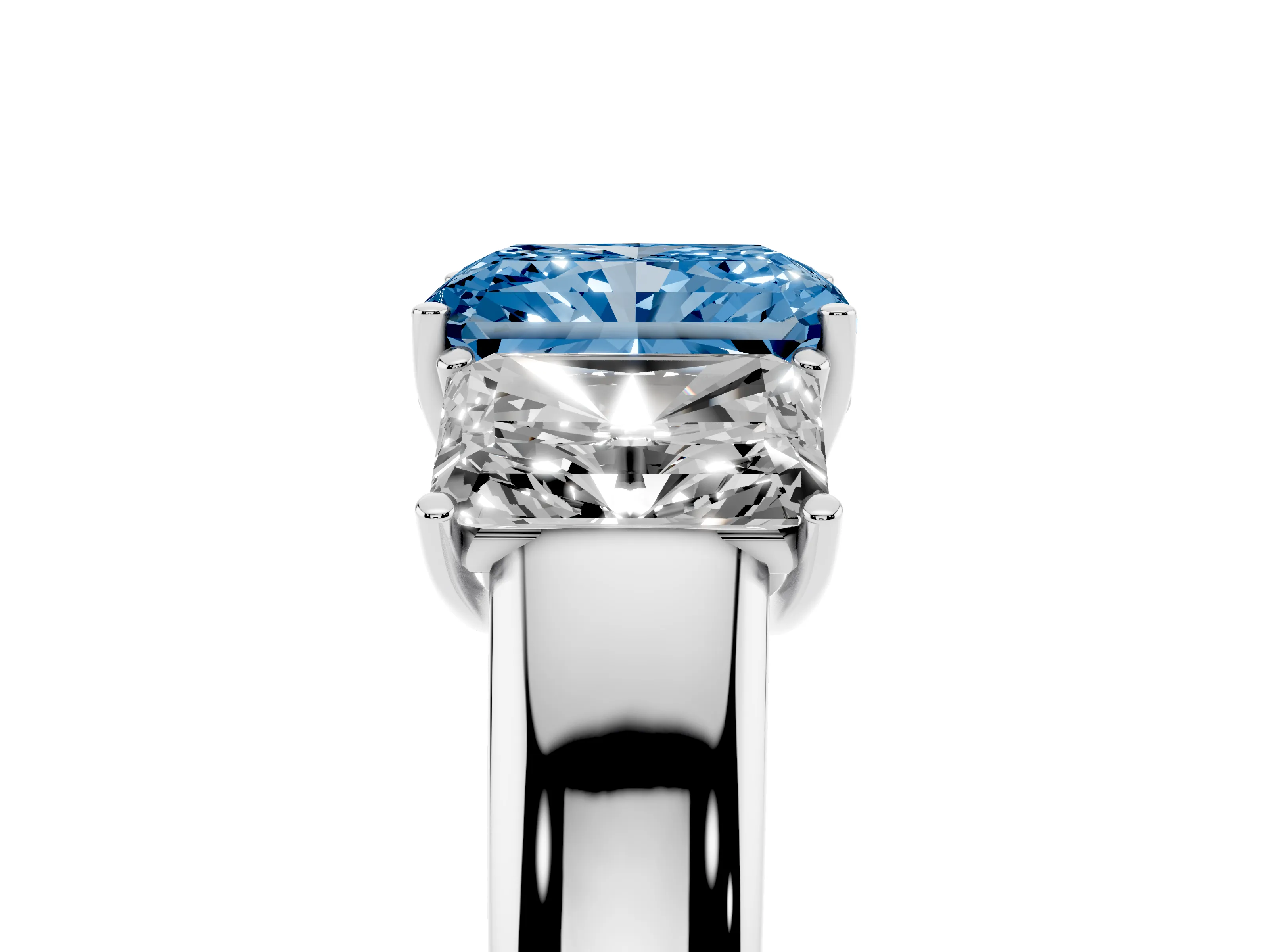 Fancy Blue Three-Stone Radiant Cut Diamond Ring Set in Silver with Matching Prong Settings and Plain Band