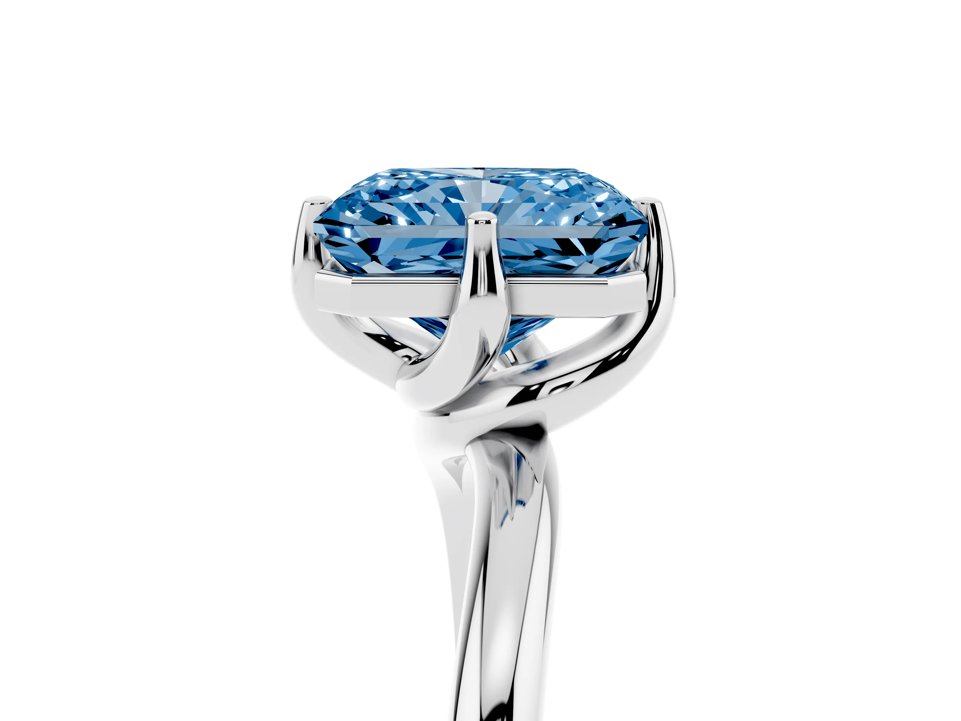 Fancy Blue Radiant Cut Diamond Solitaire Engagement Ring Set in Platinum with Classic Plain Band