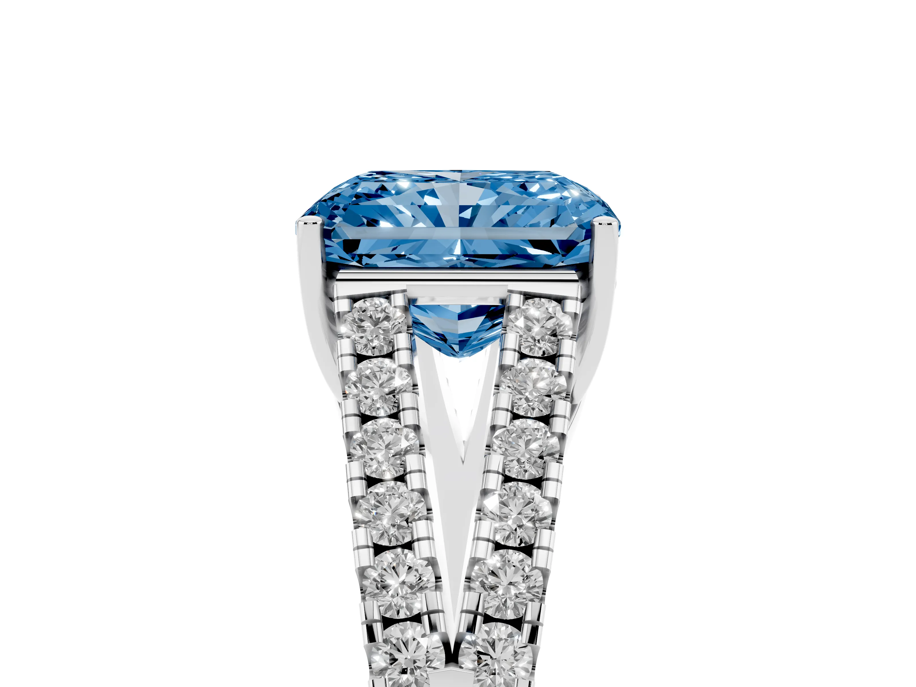 Fancy Blue Radiant Cut Diamond Split Shank Pavé Engagement Ring Set in Platinum with Prong-Held Center Stone