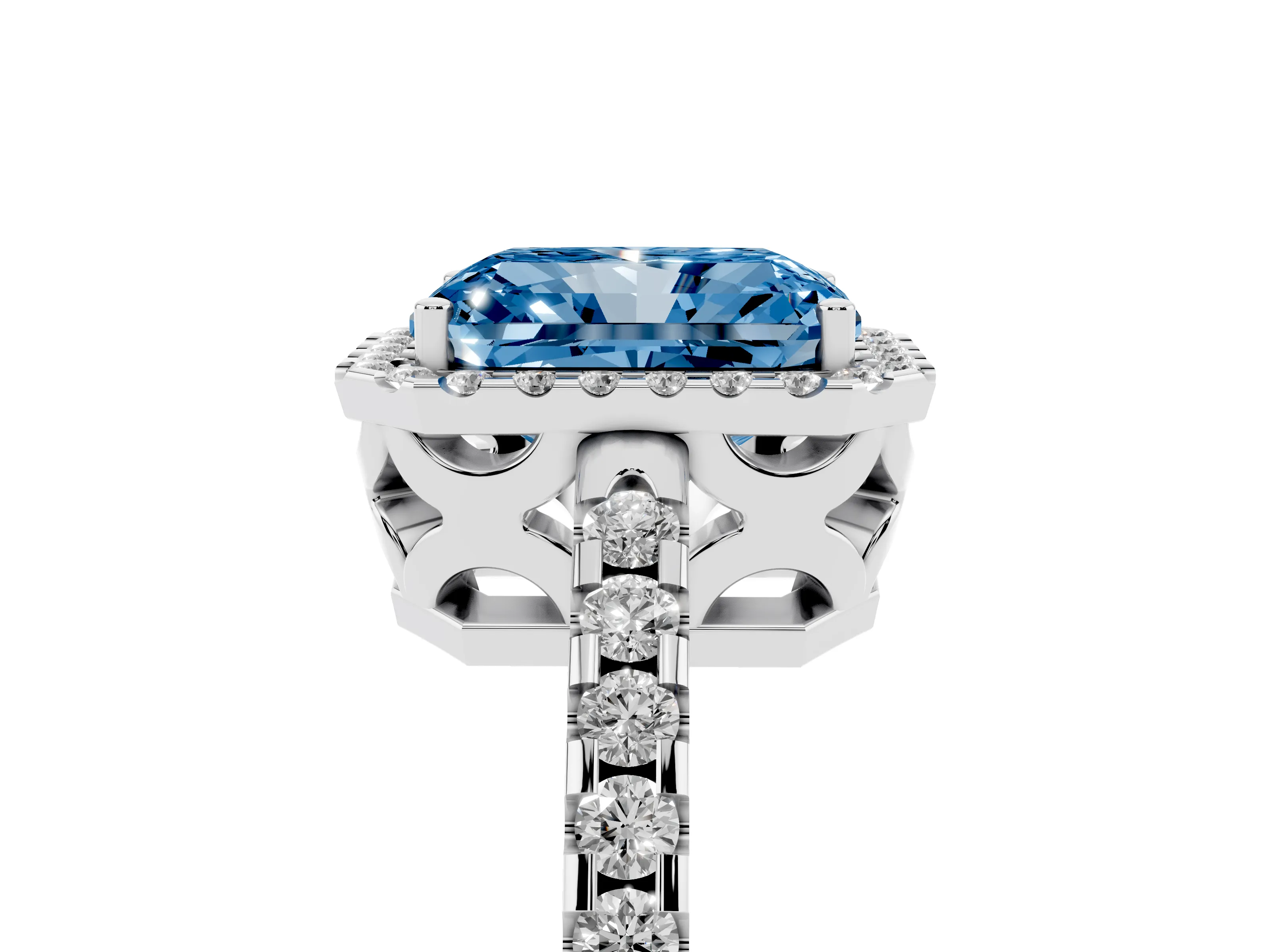 Fancy Blue Radiant Cut Diamond Halo Ring Set in Platinum with Pavé Shoulders and Halo-Framed Center