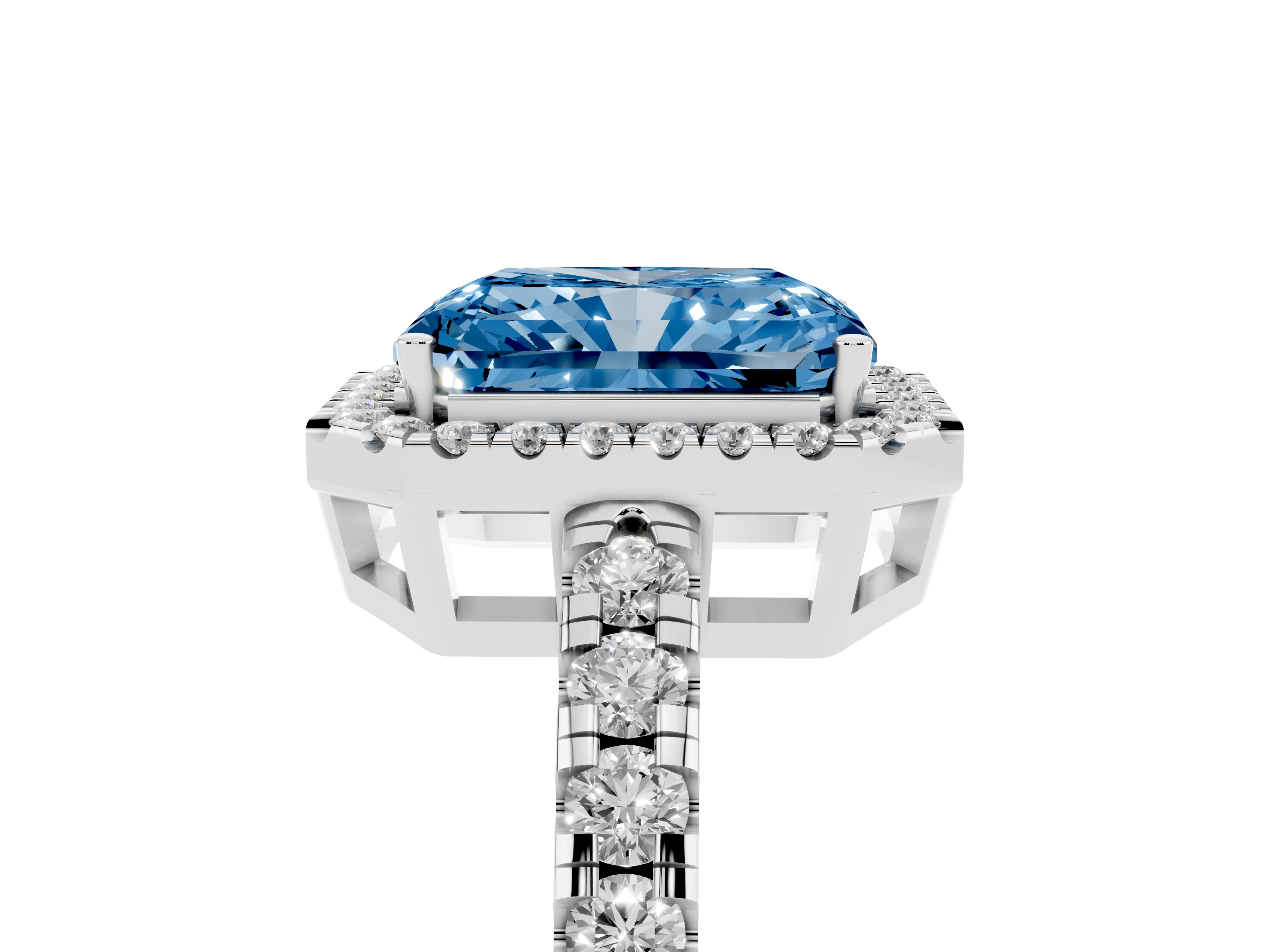 Fancy Blue Radiant Cut Diamond Halo Ring Set in Silver with Delicate Pavé Band and Prong Setting