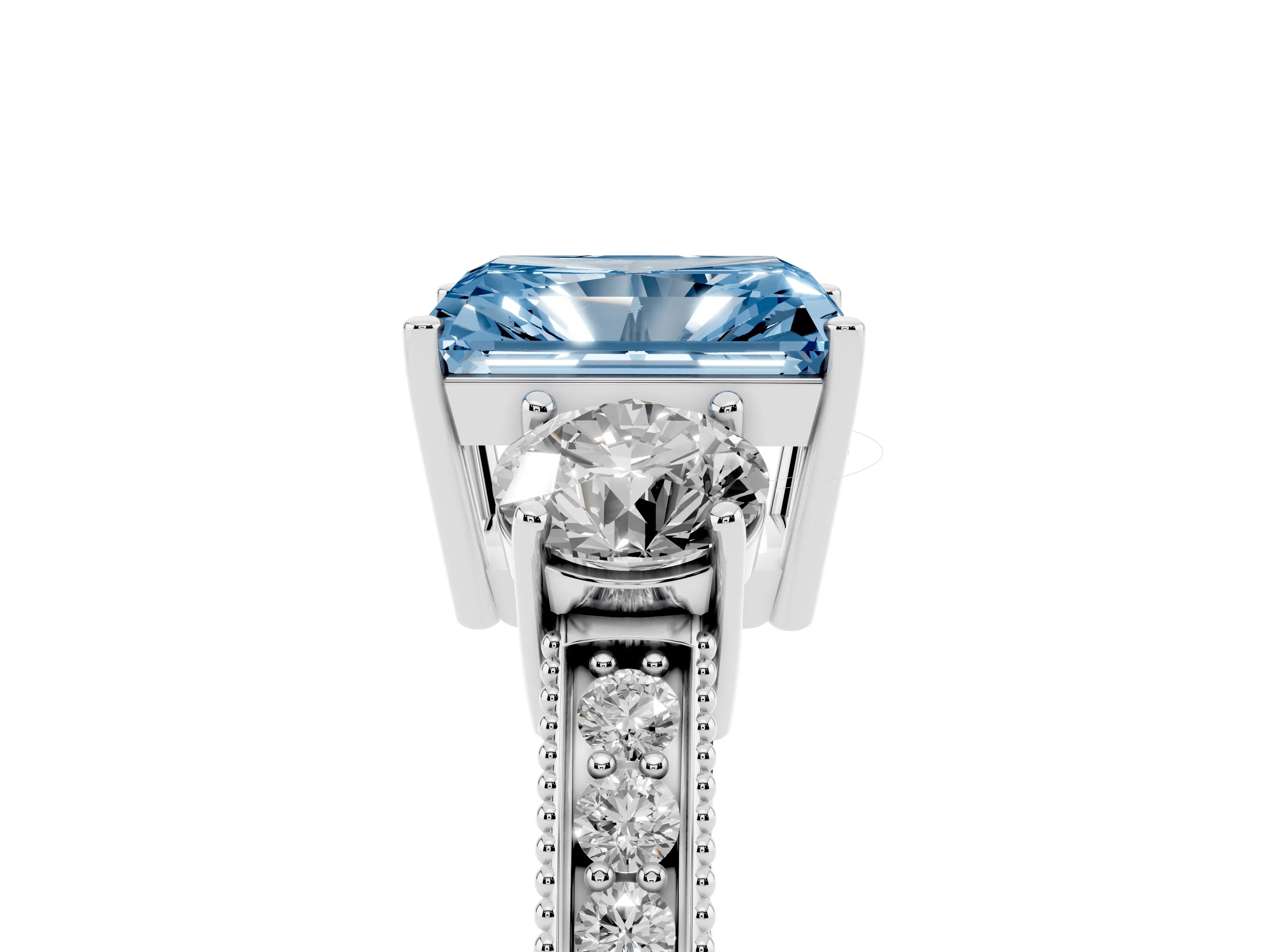 Fancy Blue Radiant Cut Diamond Three-Stone Ring Set in Platinum with Round Side Stones and Pavé Band