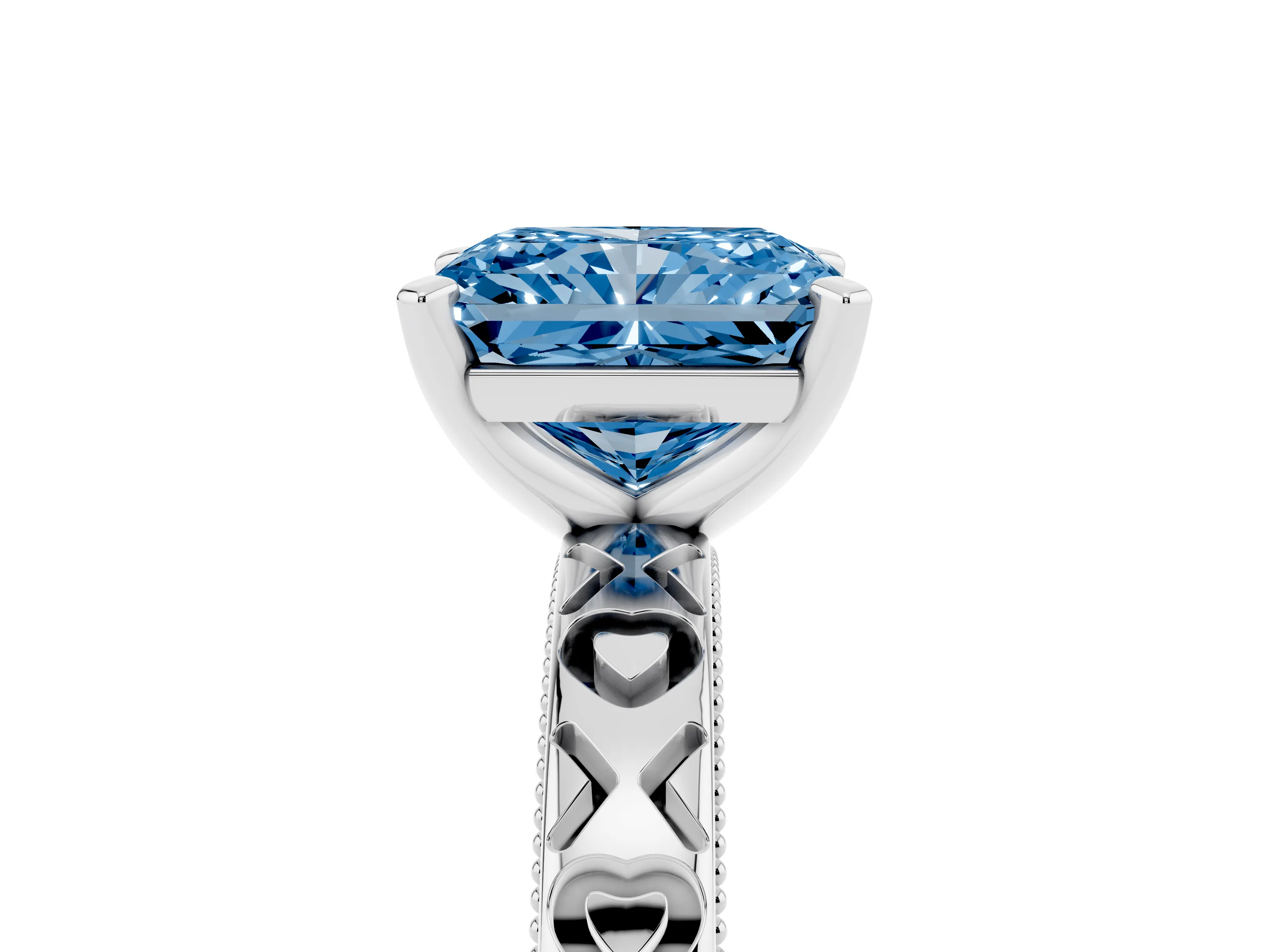 Fancy Blue Radiant Cut Diamond Solitaire Engagement Ring Set in Platinum with XO Engraved Band and Prong Setting