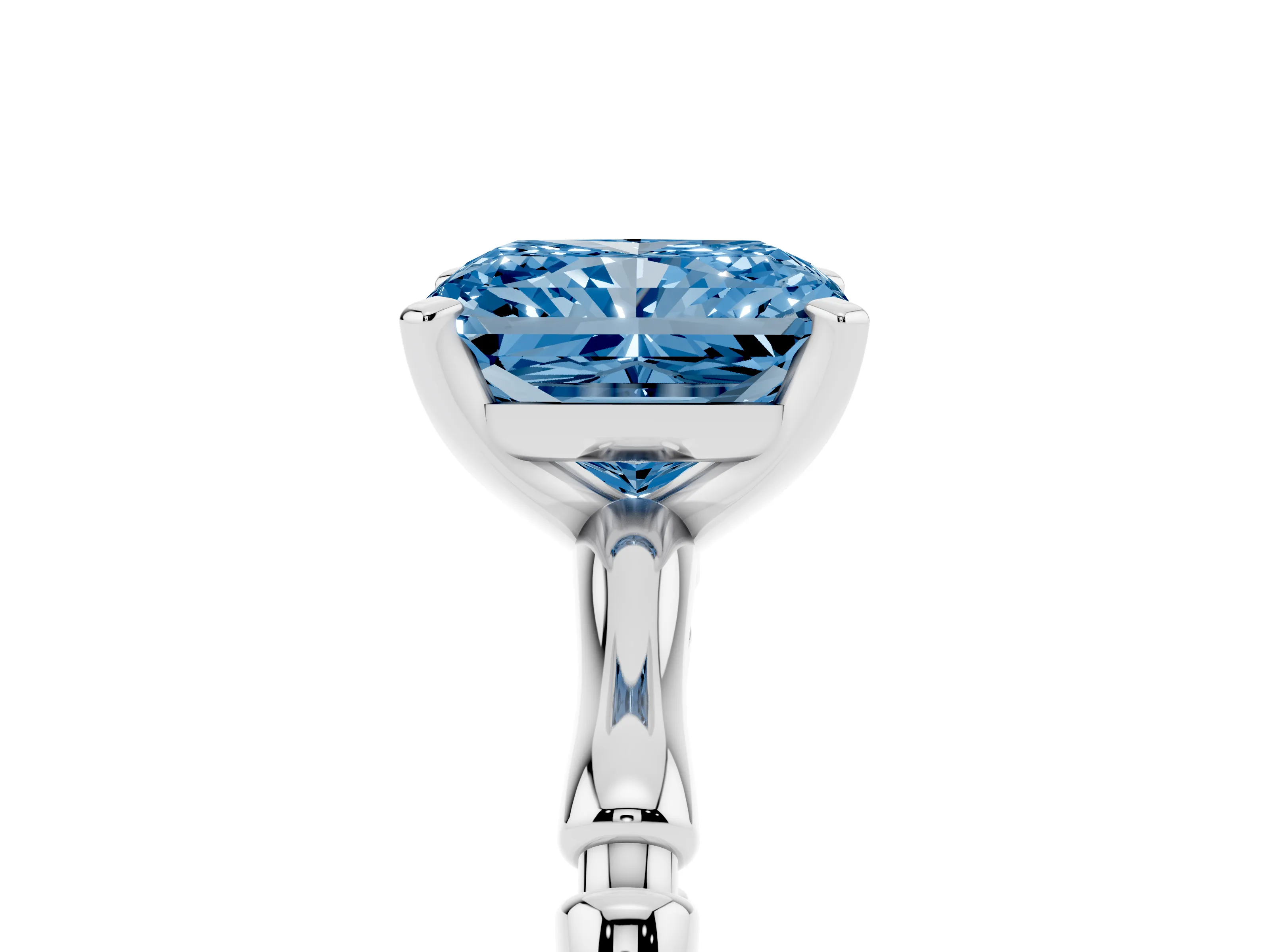 Fancy Blue Radiant Cut Diamond Solitaire Ring Set in White gold with Bamboo Band and Prong Setting