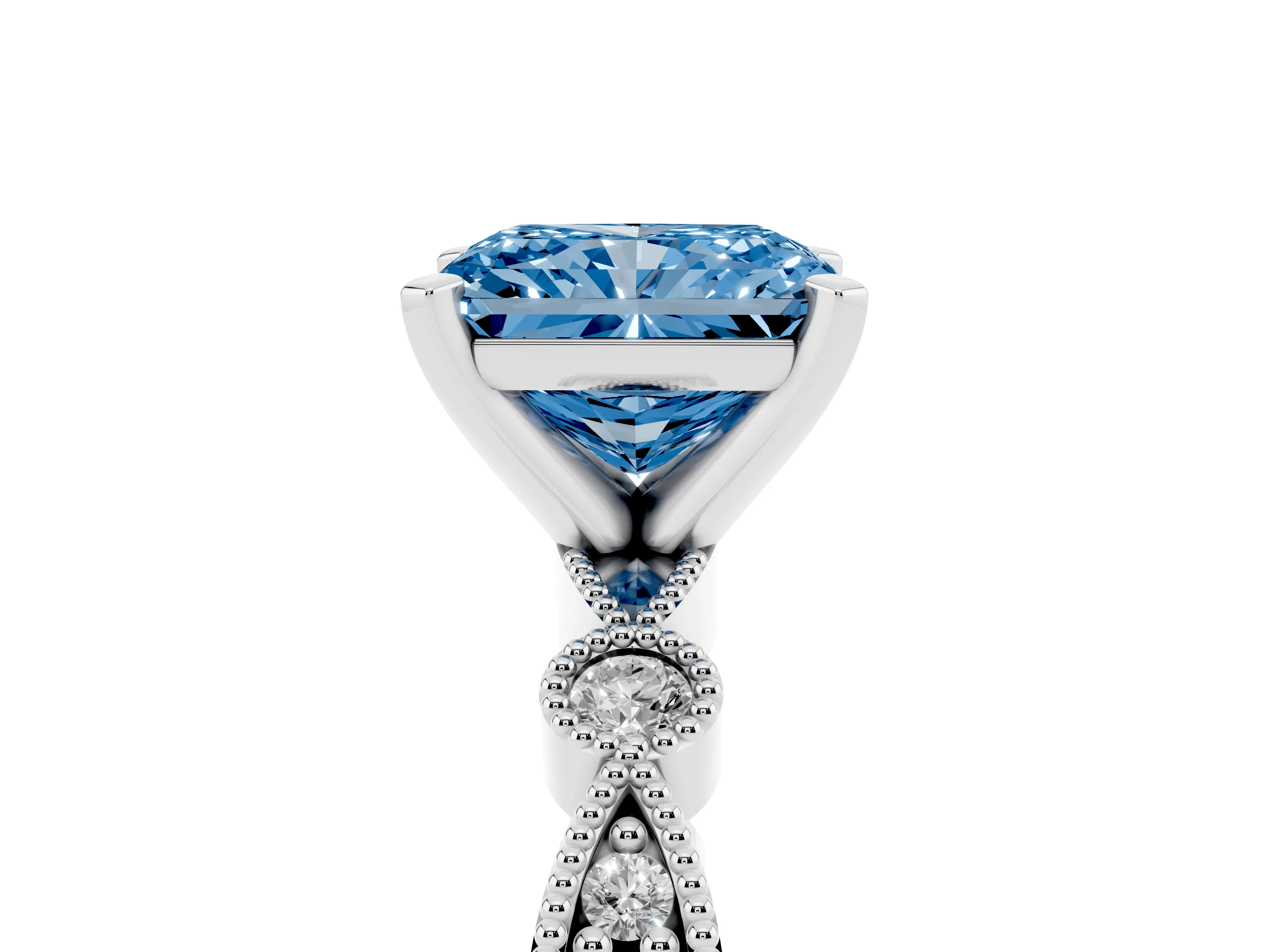 Fancy Blue Radiant Cut Diamond Solitaire Engagement Ring Set in Silver with Milgrain Bezel Accent Band